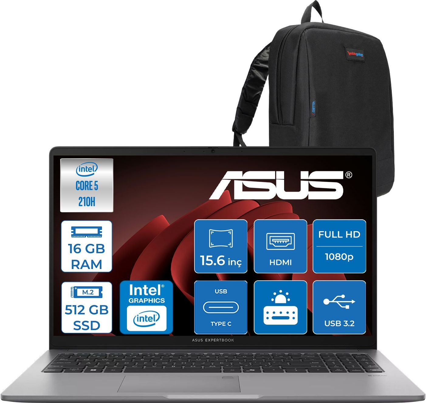 ASUS ExpertBook P1 P1503CVA ZC516512G0DF02 Intel Core 5 210H 16 GB RAM 512 GB SSD 15,6 inç FreeDOS Laptop+Çanta Siyah