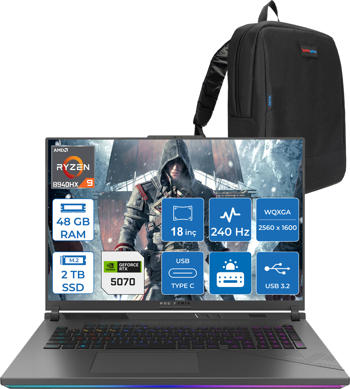48GB RAM, 2TB SSD, RTX 5070 özelliklerini gösteren oyuncu dizüstü bilgisayarının üzerinde siyah sırt çantası.