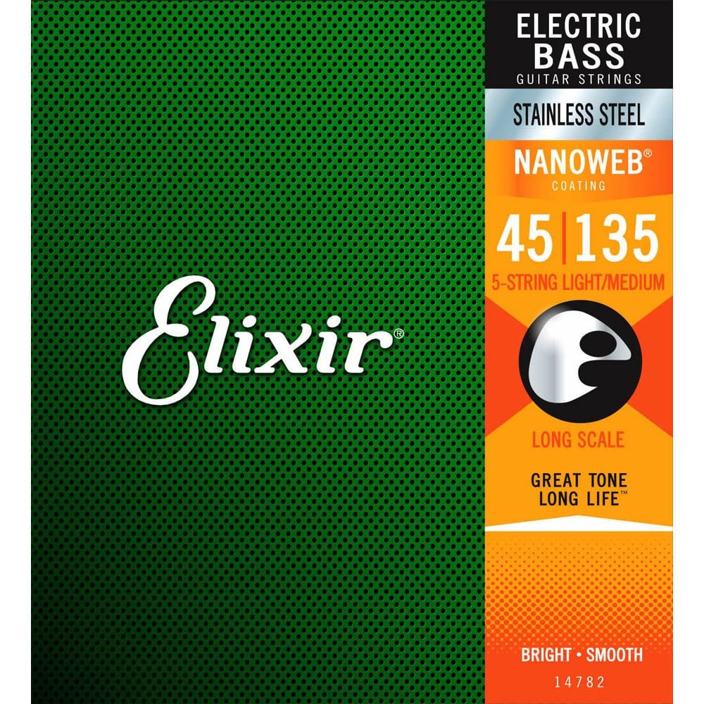 Elixir elektro bas gitar teli paketi, Nanoweb, 45-135, uzun ölçek, paslanmaz.