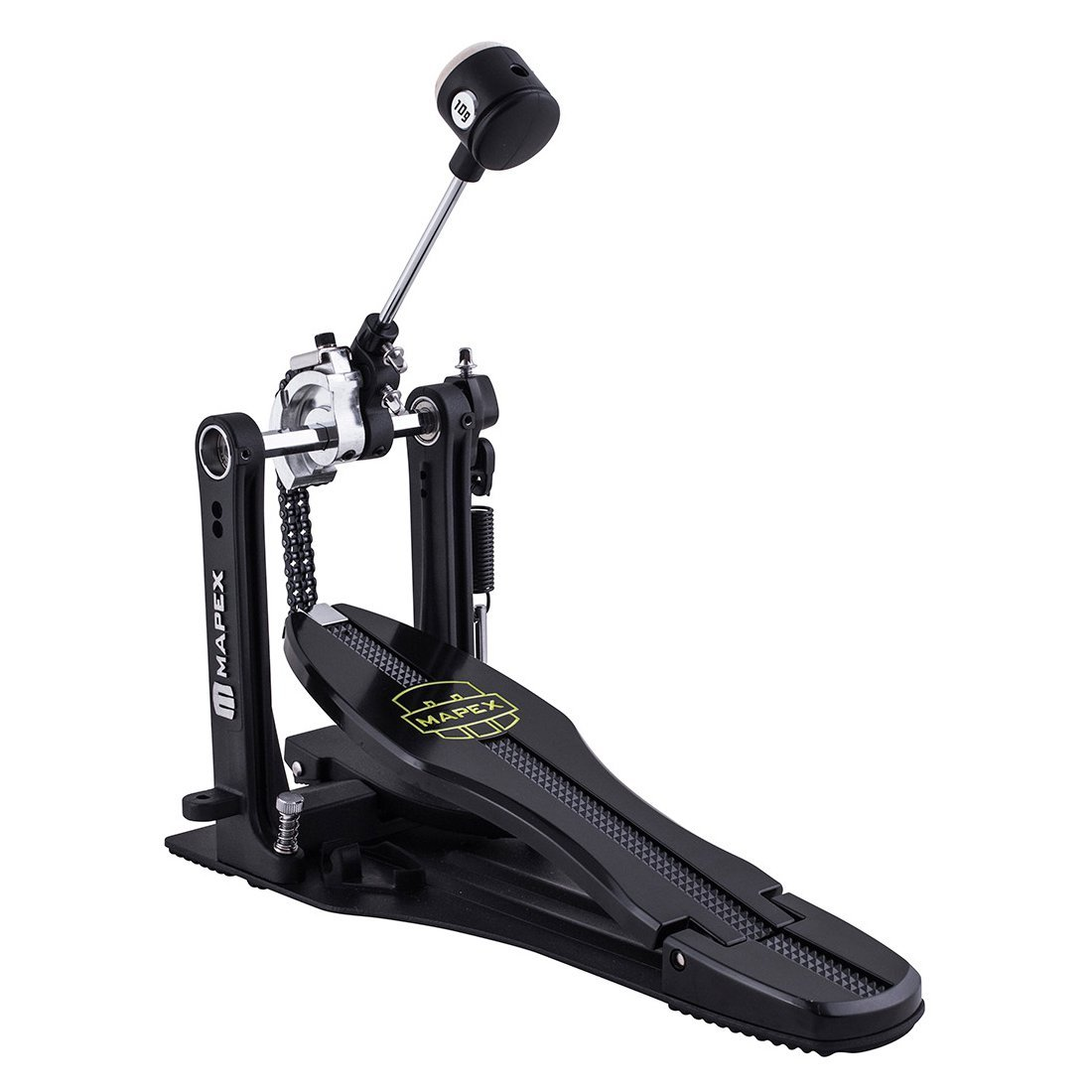 Gümüş aksanlar ve zincirle siyah Mapex bas davul pedalı.
