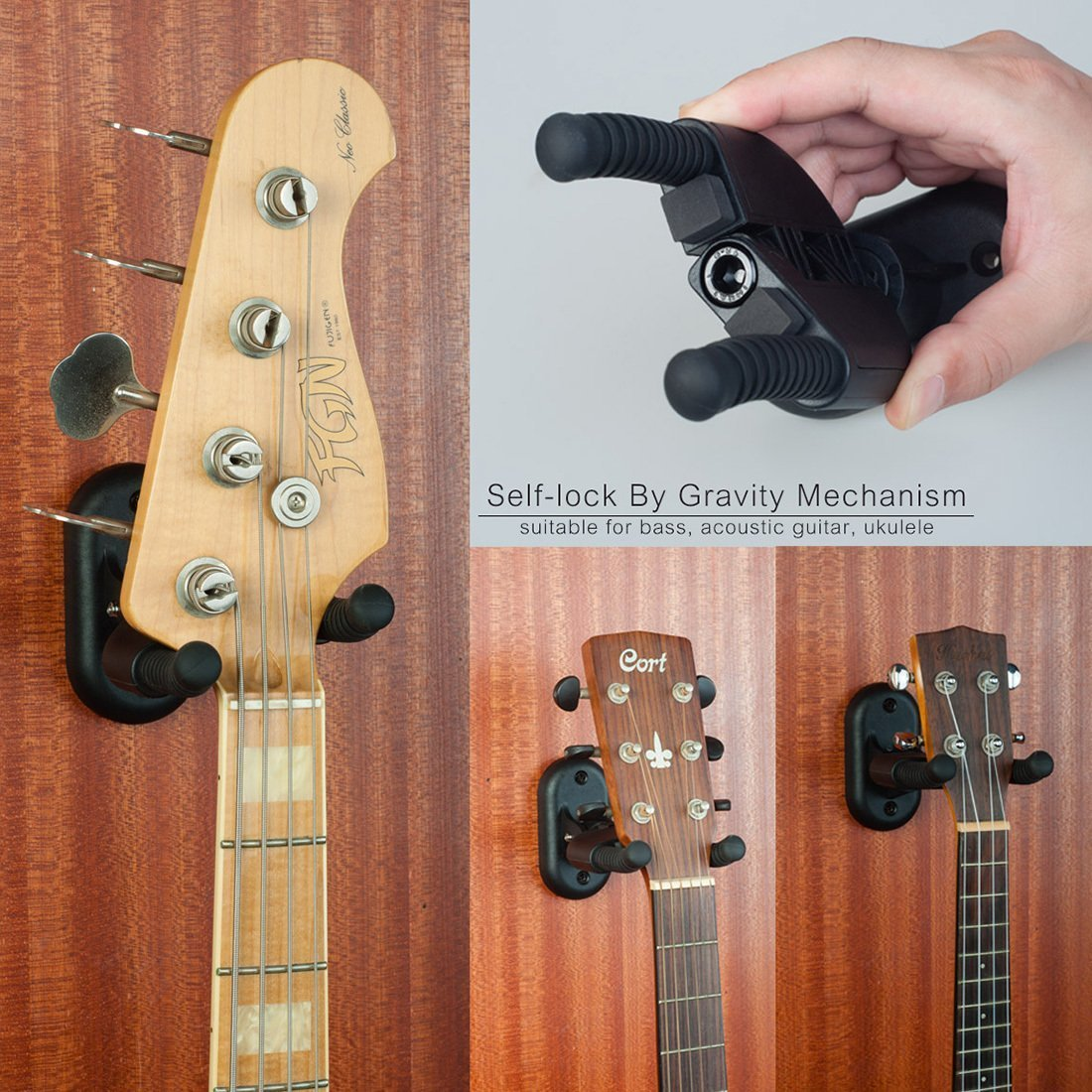 Kendinden kilitli mekanizmalı duvar askılarında bas, gitar ve ukulele.