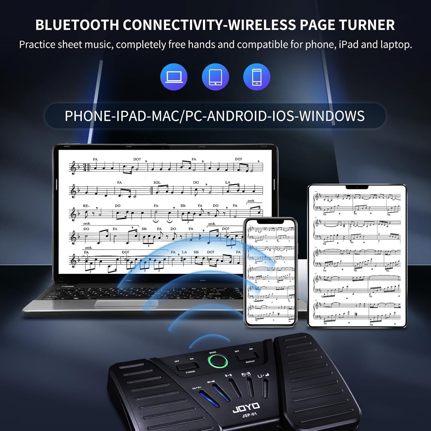 Bluetooth nota çevirici; laptop, tablet, telefonda ayak pedalı ile kullanılır.