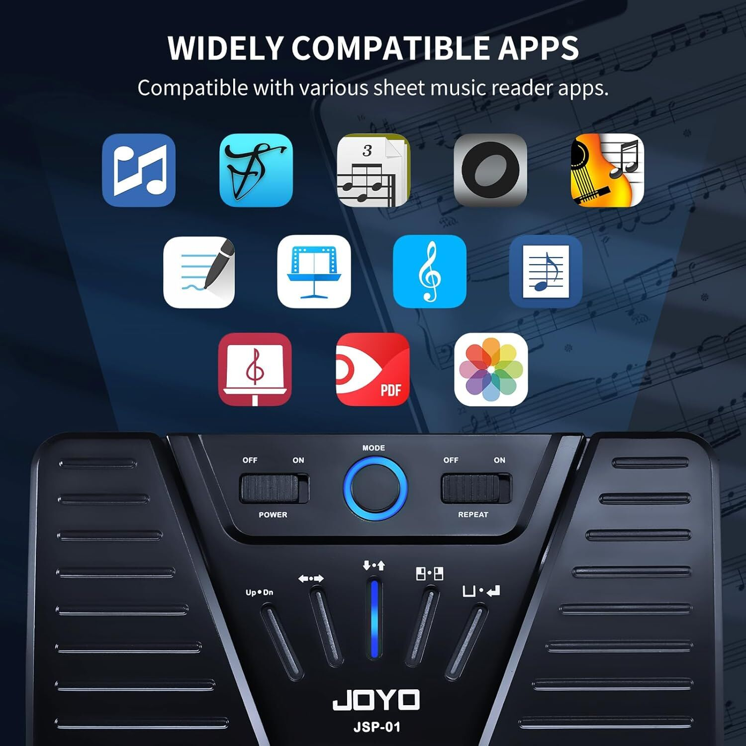 Etiketli siyah pedalin üzerinde müzik notaları ve uygulama simgeleri.