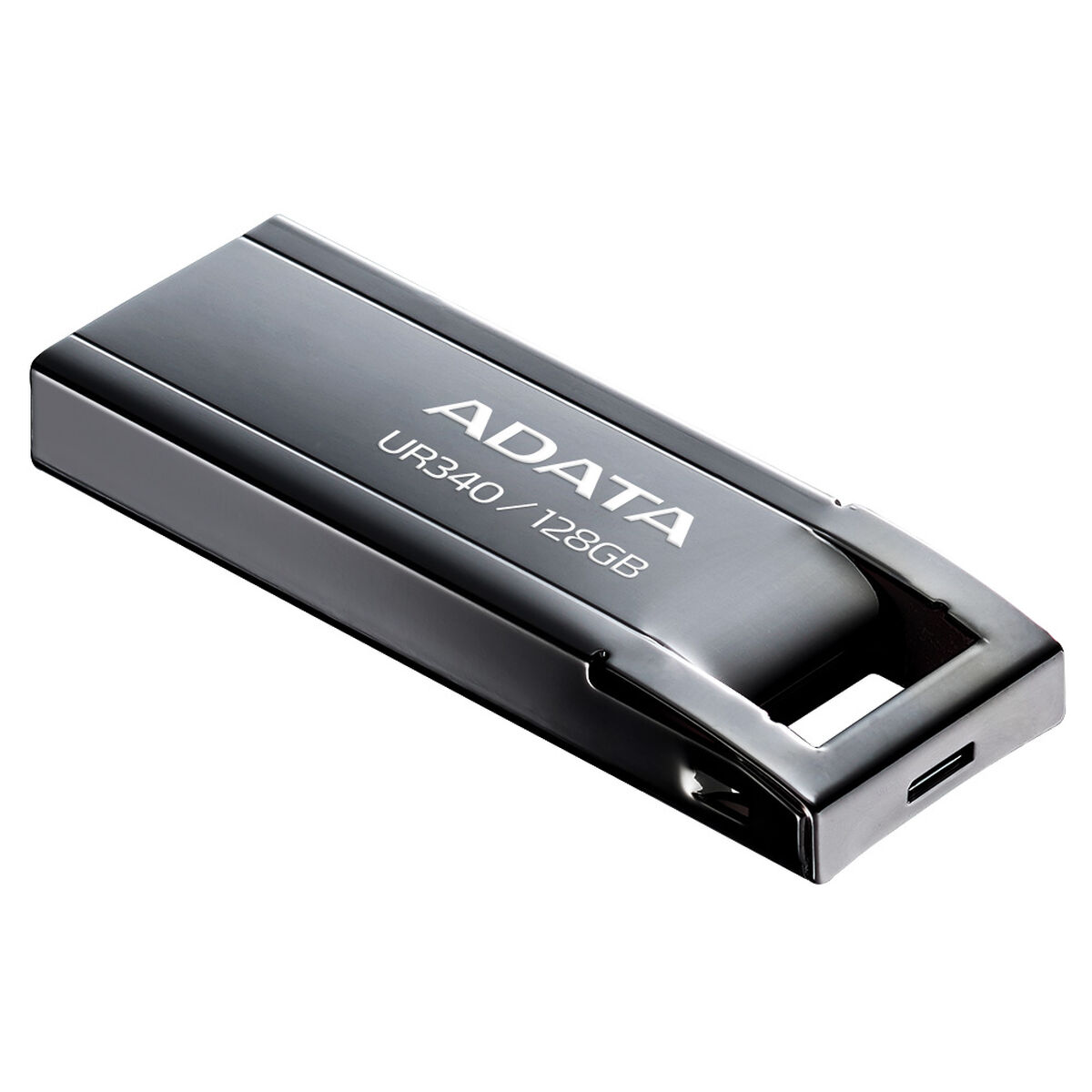 Grauer ADATA USB-Stick UR340 128GB mit silbernem Gehäuse und sichtbarem USB-Anschluss.