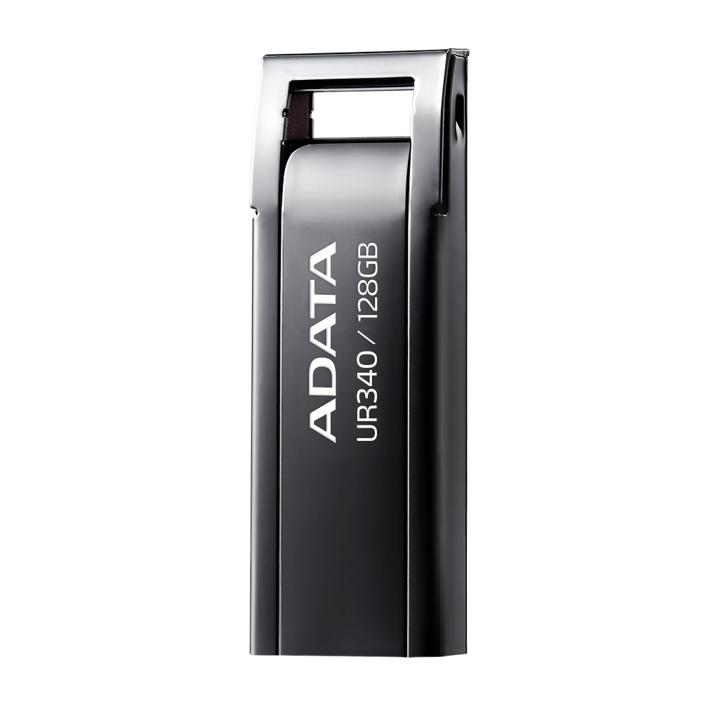 Ein schwarzer ADATA UR340 128GB USB-Stick mit drehbarem Metallgehäuse.