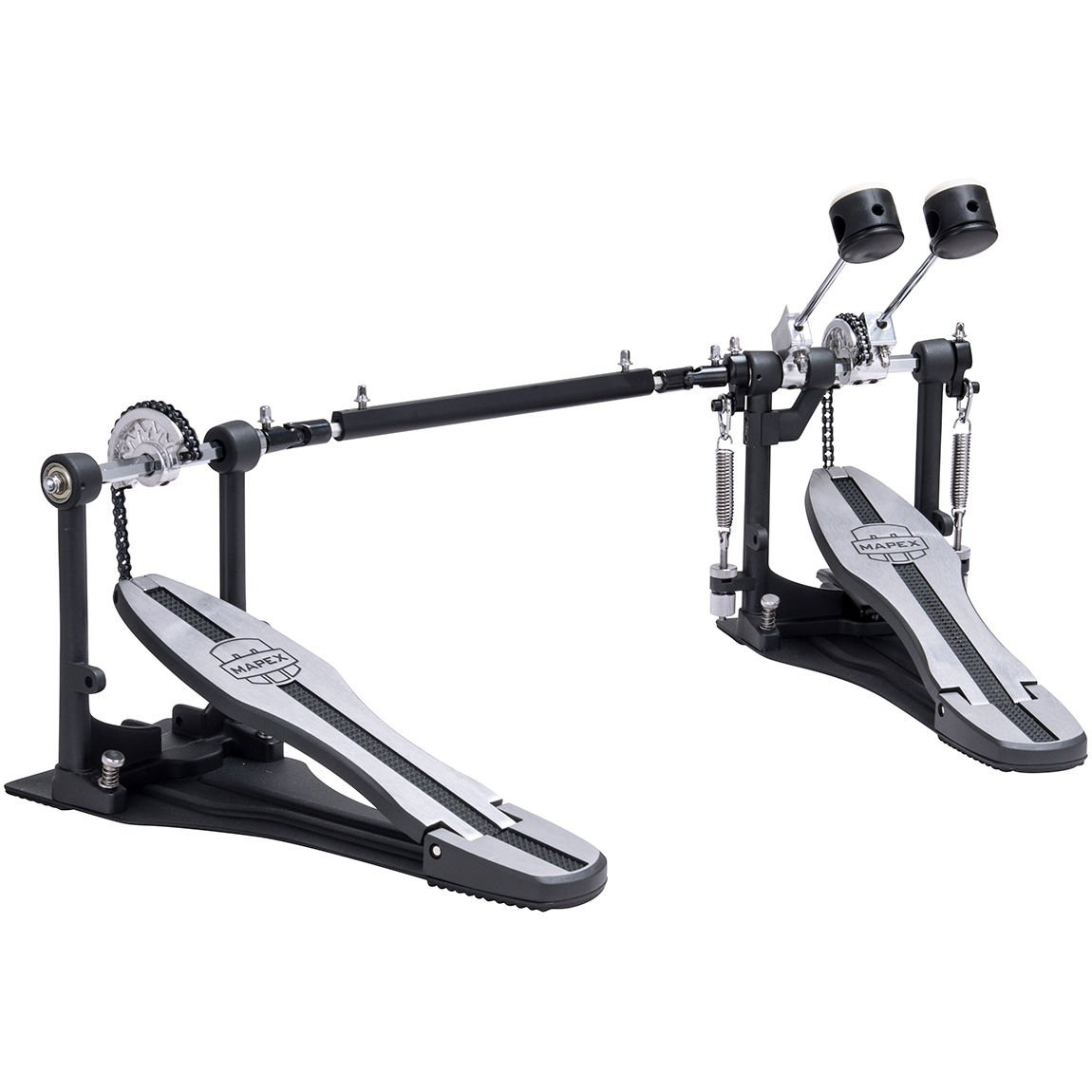 İki ayak plakalı, zincir tahrikli, gümüş aksanlı çift bas davul pedalı.