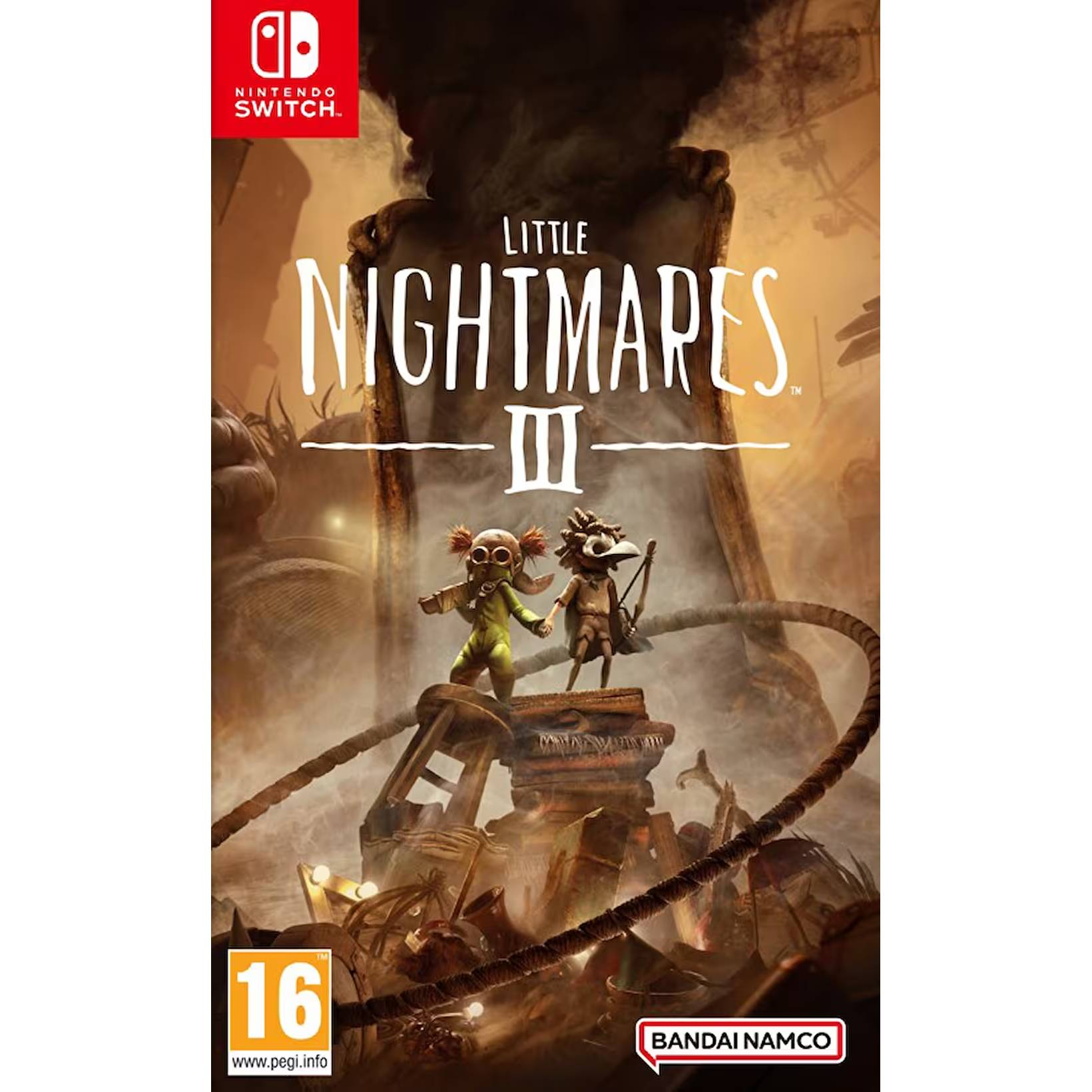 Copertina Little Nightmares III: Due bambini su una piattaforma, logo Nintendo Switch.