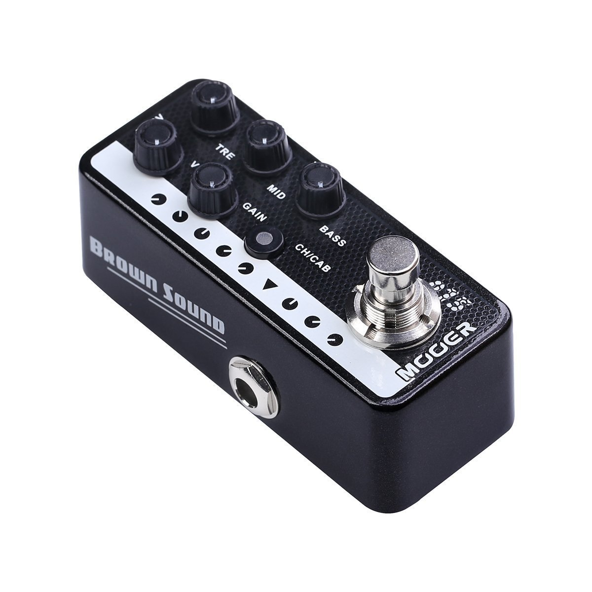 TRE, GAIN, MID, BASS, CH/CAB etiketli düğmeli siyah efekt pedalı.