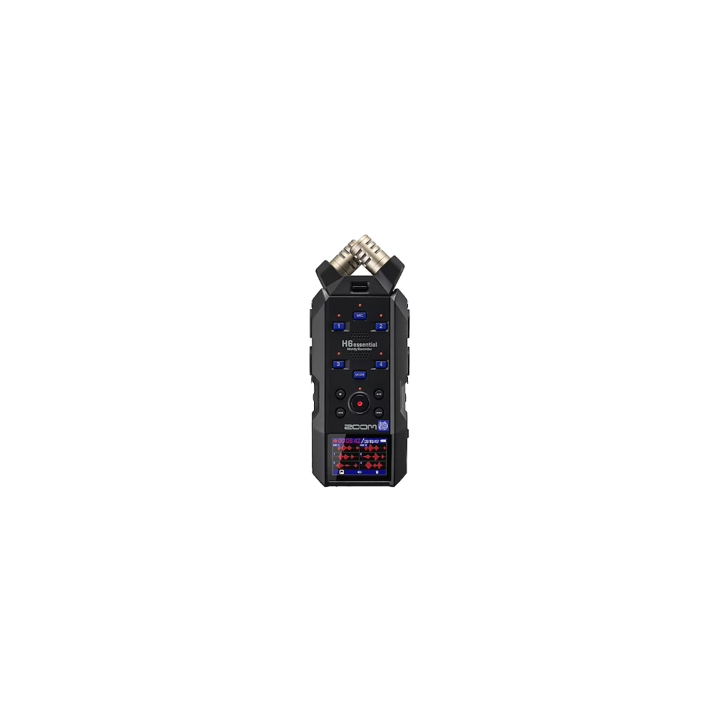 Mikrofonlu ve ekranlı siyah Zoom H6 Essential elde taşınan kaydedici.