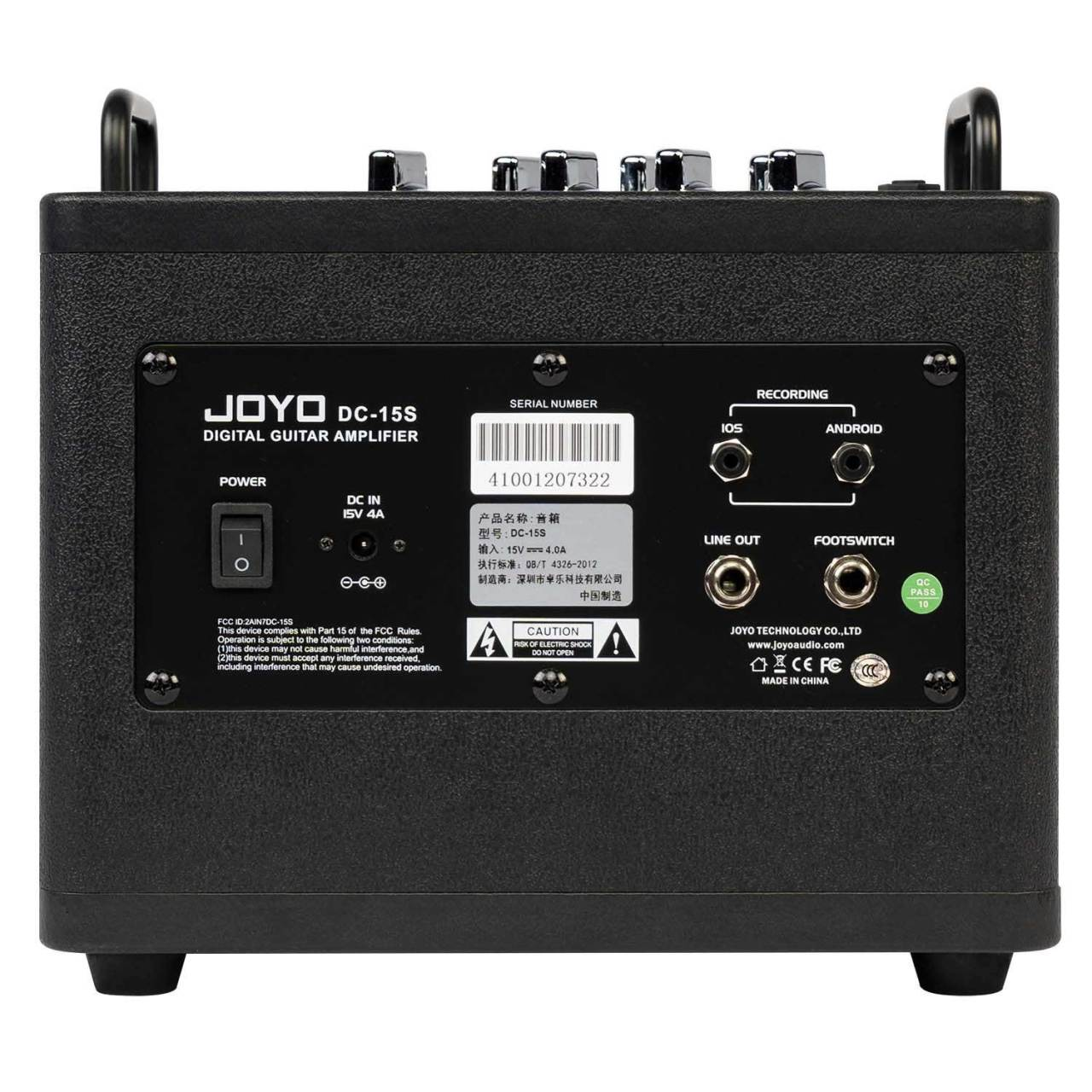 Siyah bir JOYO DC-15S dijital gitar amplifikatörünün arkası, bağlantı noktaları ve etiketleri.