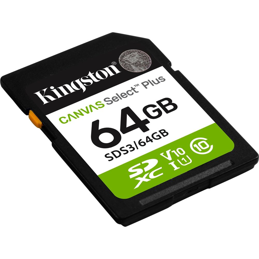 Kingston 64GB SDXC-Karte mit grün-weißem Etikett. Verfügt über V10 und U1 Symbole.