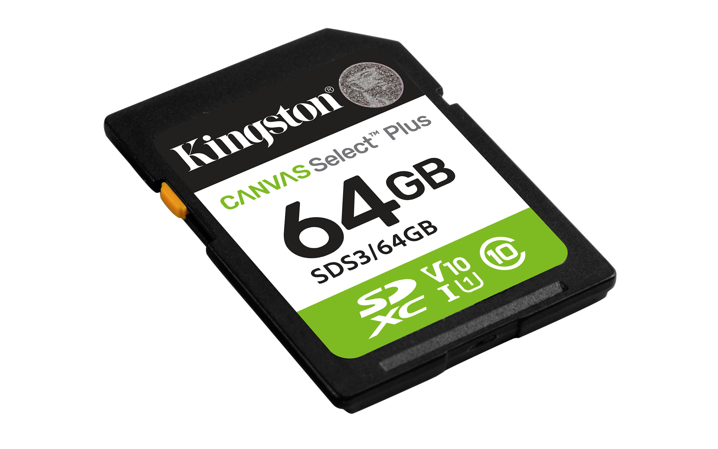 Kingston 64GB SDXC Speicherkarte mit grünem Etikett und weißem Text.