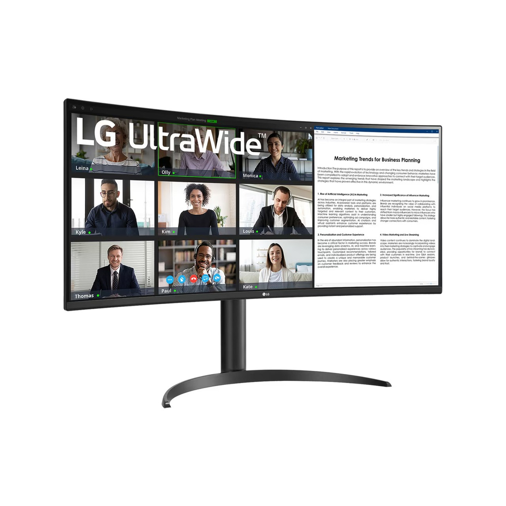 LG UltraWide monitör, sekiz kişinin sanal toplantısını ve bir belgeyi gösteriyor.