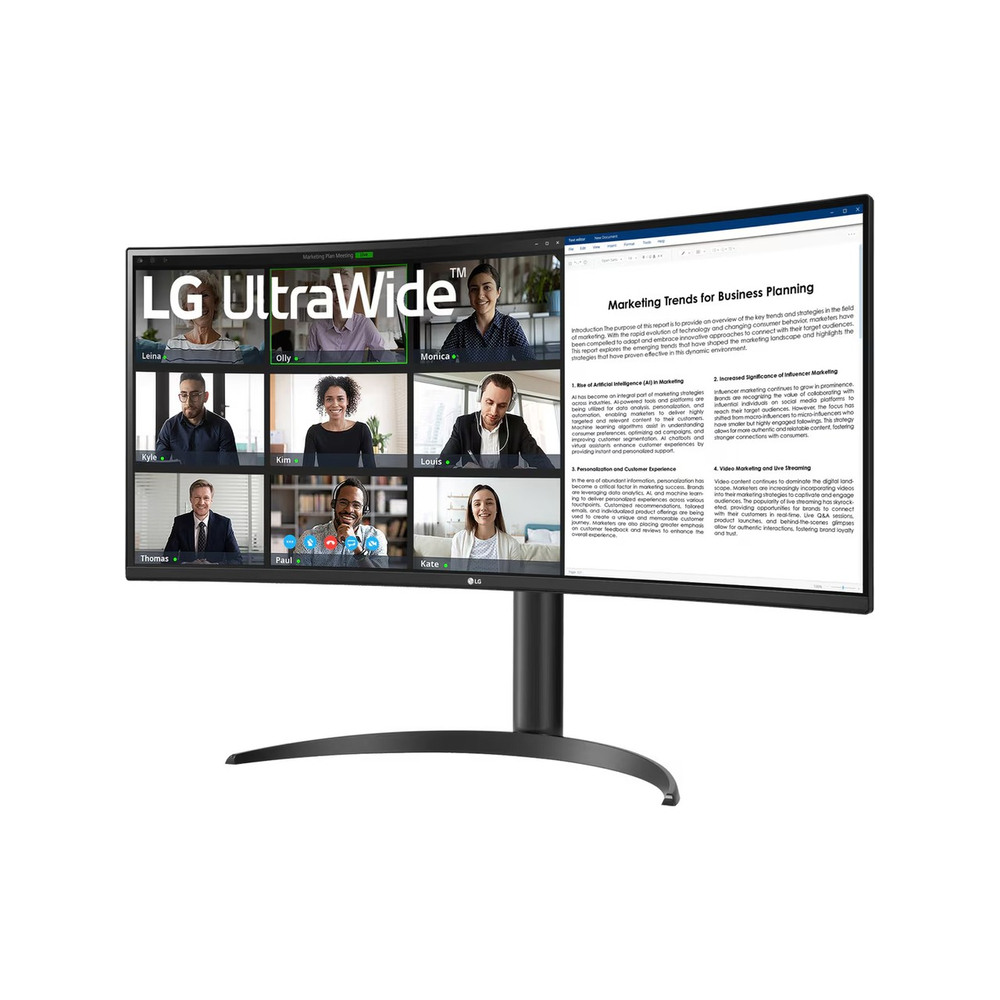Bir LG UltraWide monitör, dokuz kişinin yer aldığı bir video konferans ve bir sunum gösteriyor.