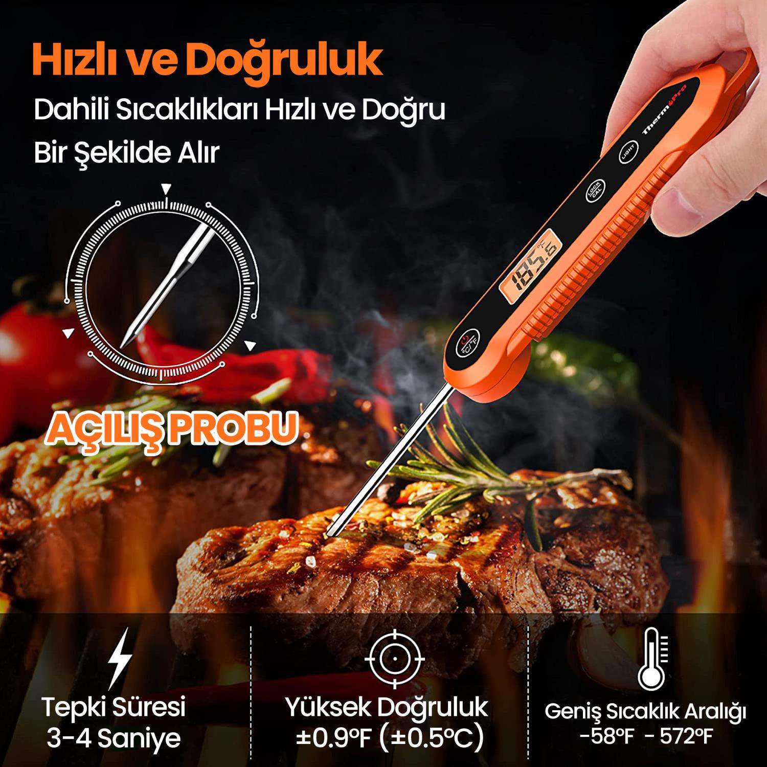 Turuncu et termometresi, ızgara bifteğin sıcaklığını ölçüyor.