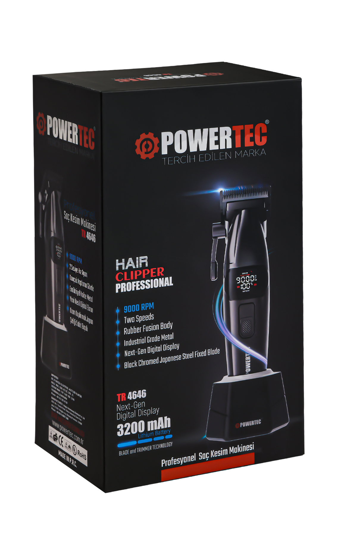 Gümüş detaylı ve dijital ekranlı siyah saç kesme makinesi kutusu. 9000 RPM.