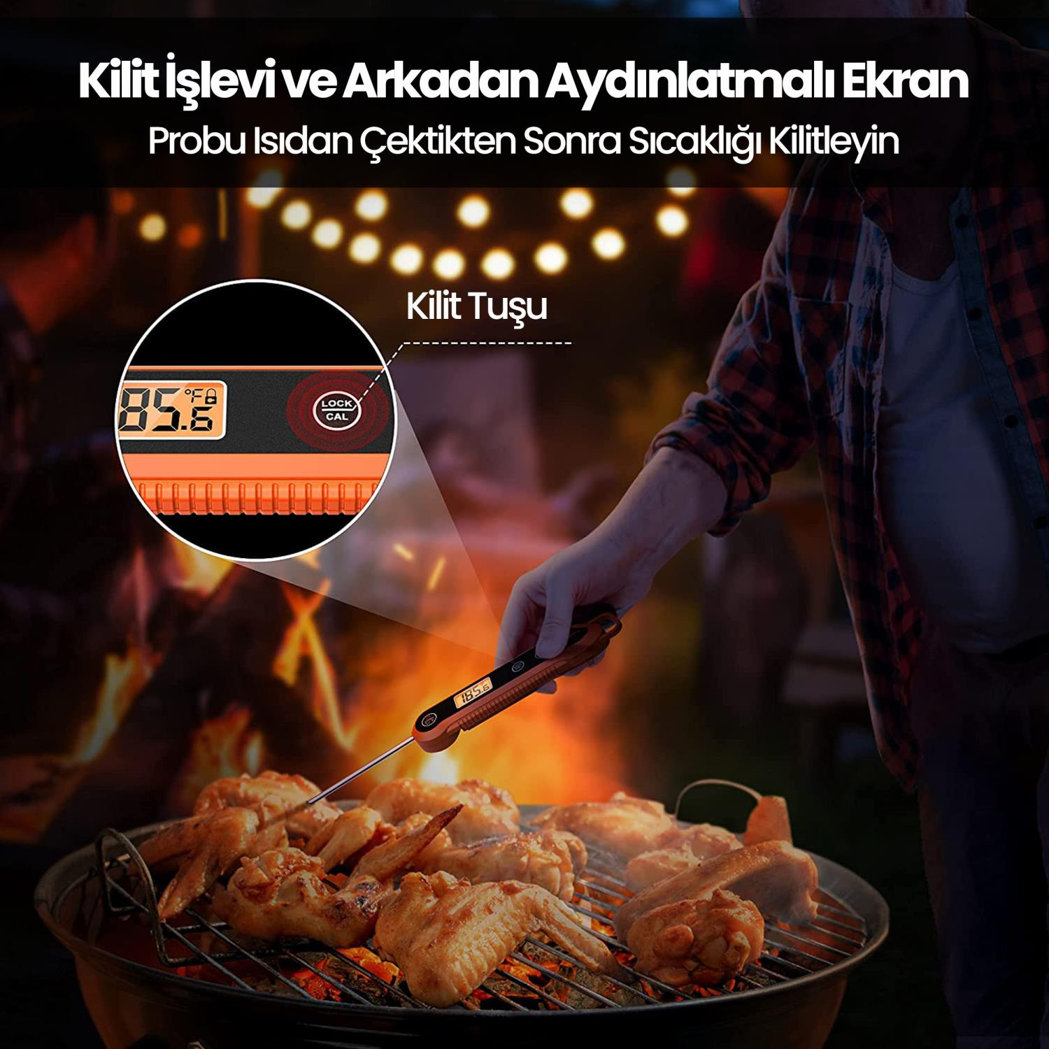 Sıcaklığı gösteren dijital termometreli ızgarada et. Kilitleme fonksiyonu.