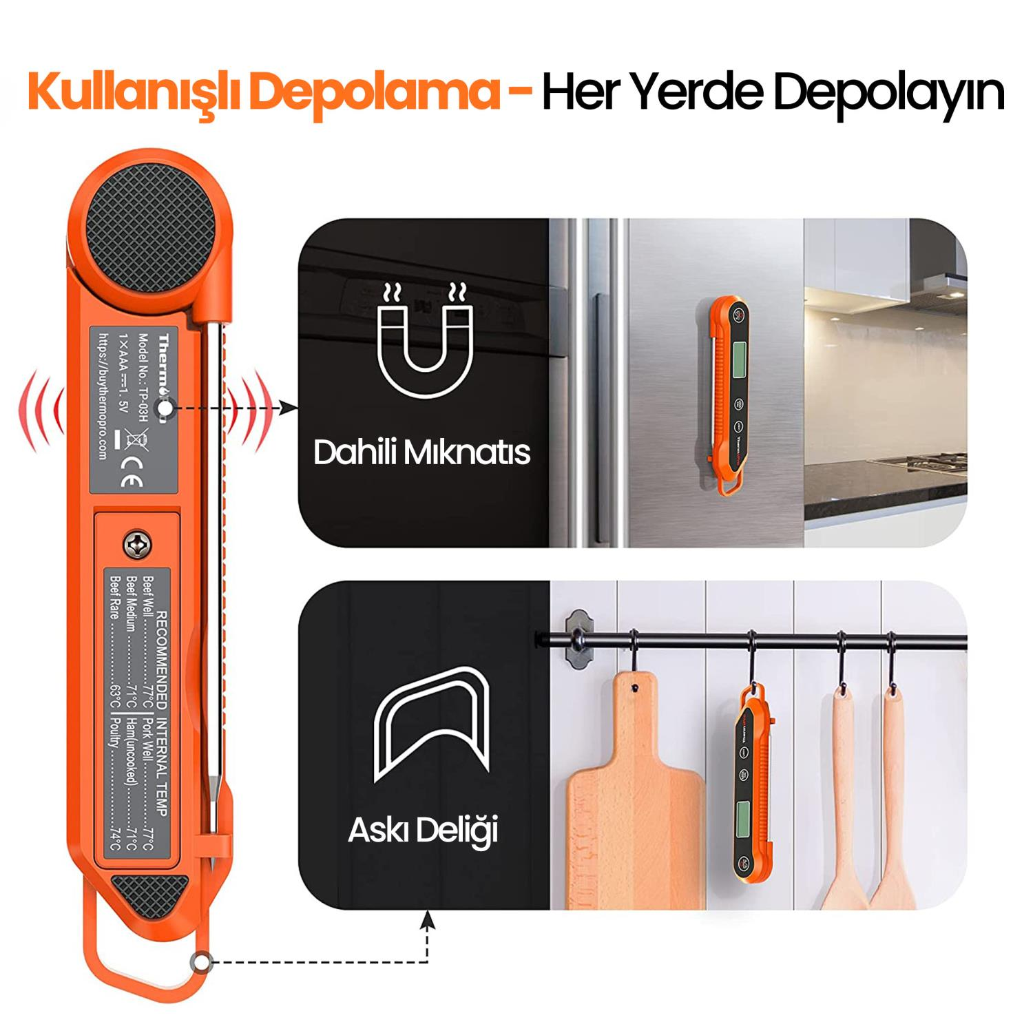 Turuncu dijital et termometresi buzdolabına takılı ve kancaya asılı.