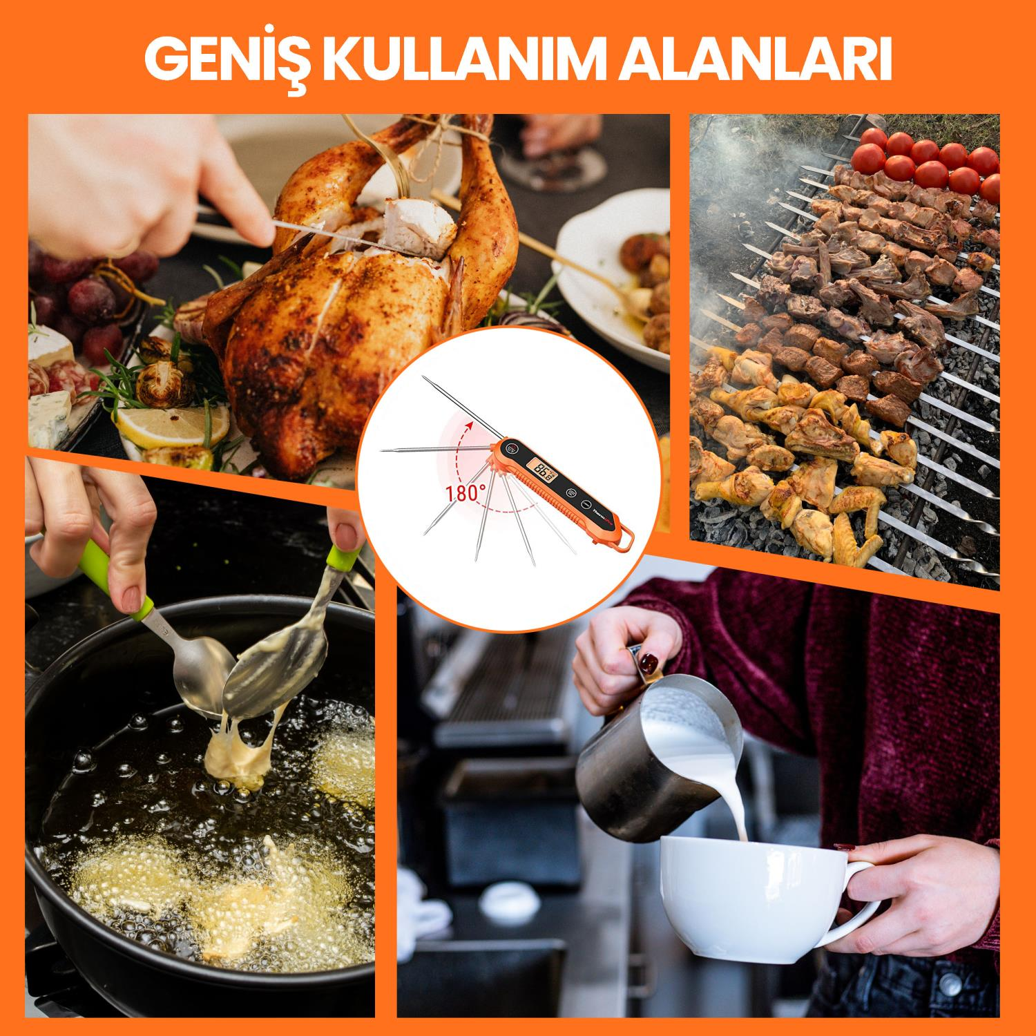 Kavrulmuş tavuk, ızgara etler, kızartma ve süt dökme gösteren kolaj.