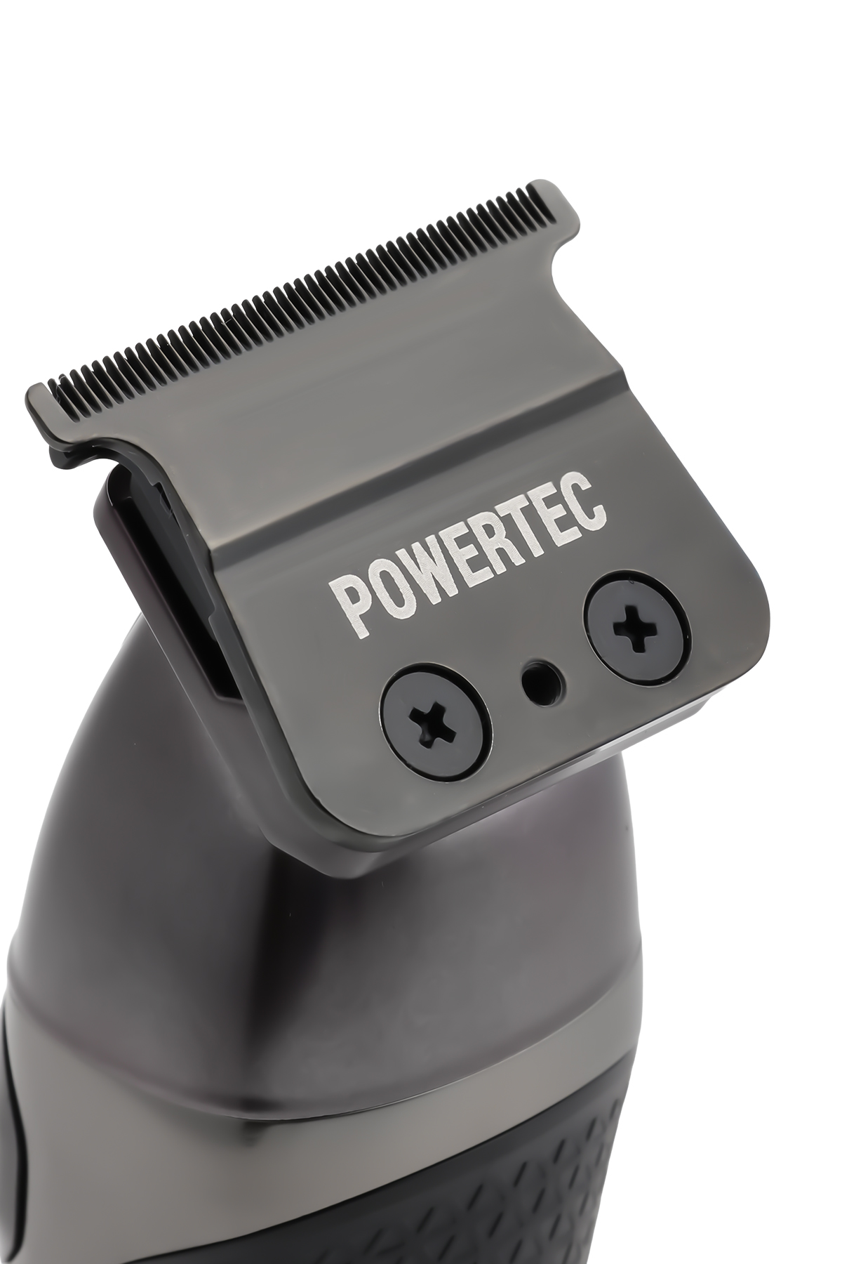 POWERTEC logolu koyu renk saç kesme makinesinin yakın çekimi.