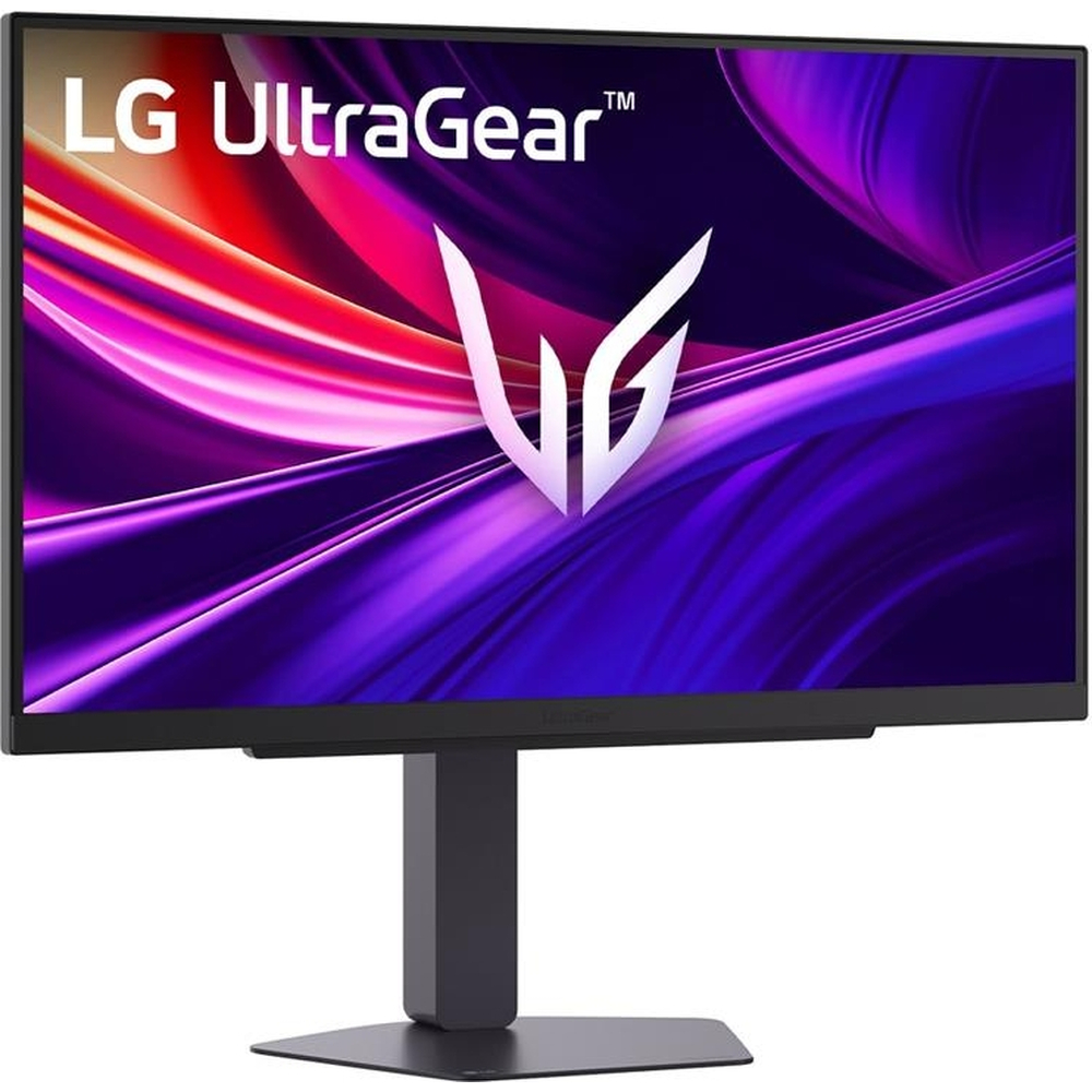 Canlı soyut duvar kağıdı ve beyaz logolu LG UltraGear monitör.