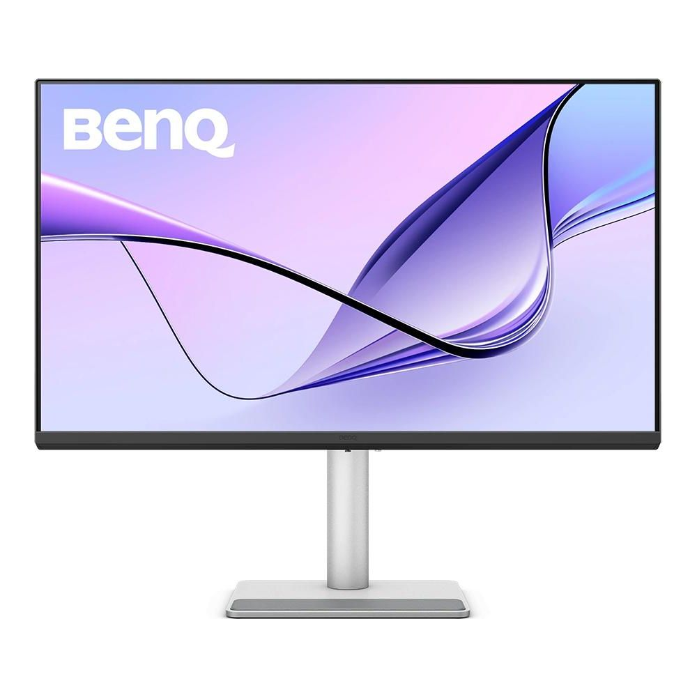 Ekranında soyut mor desen gösteren bir BenQ monitör.