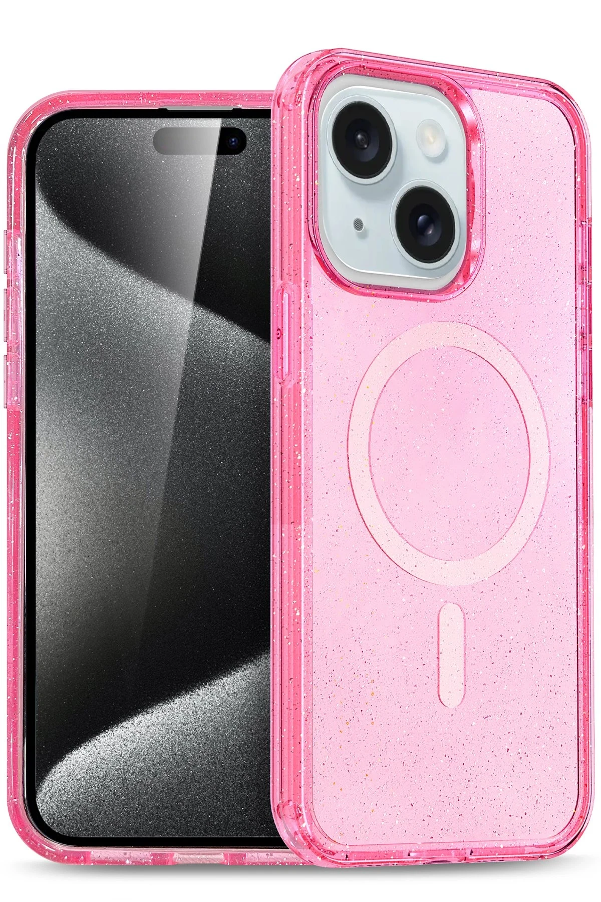 Pembe simli telefon kılıfı bir akıllı telefonun yanında duruyor.
