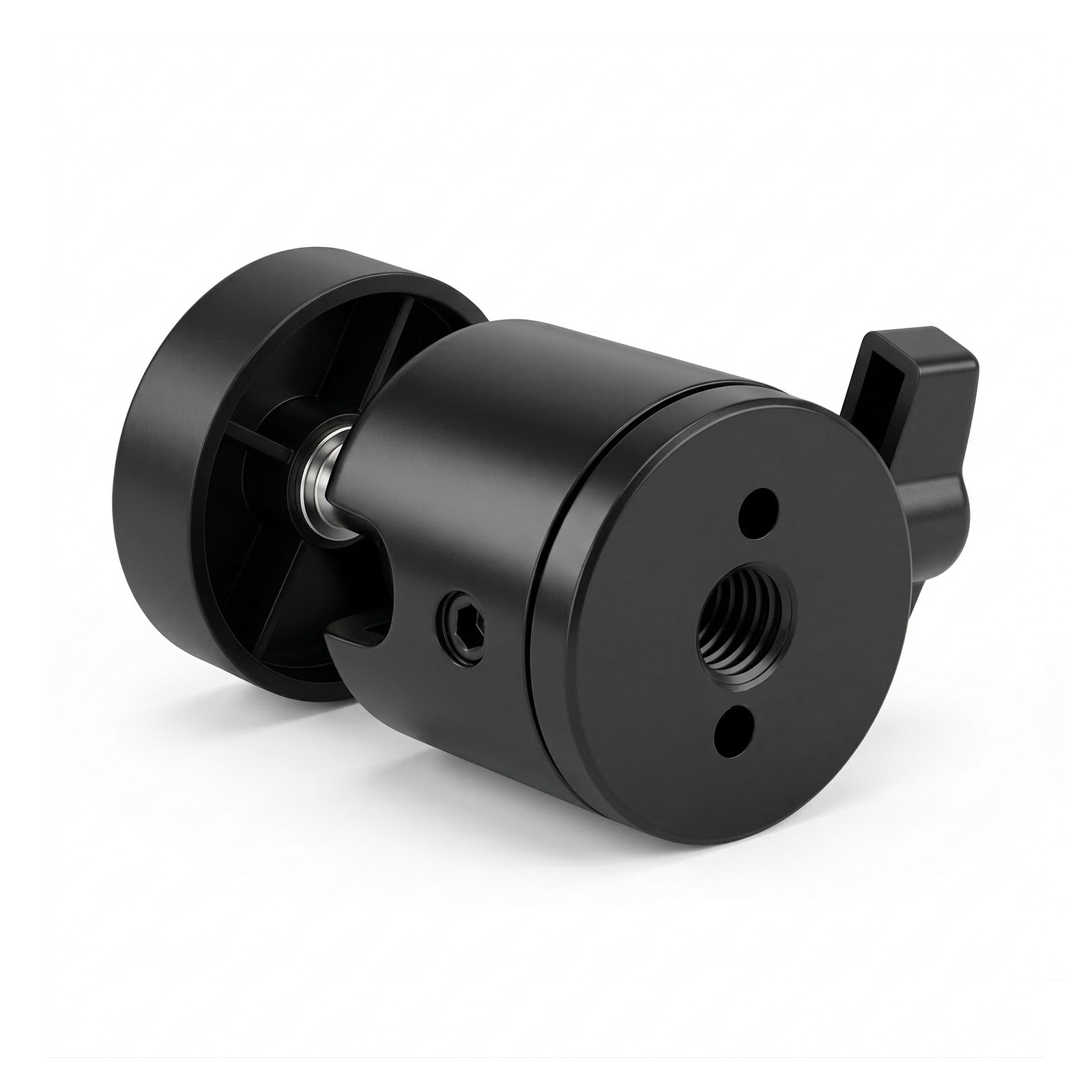 Ein schwarzer Kugelgelenkadapter mit Schraubgewinde und Stellrad, auf weißem Hintergrund.