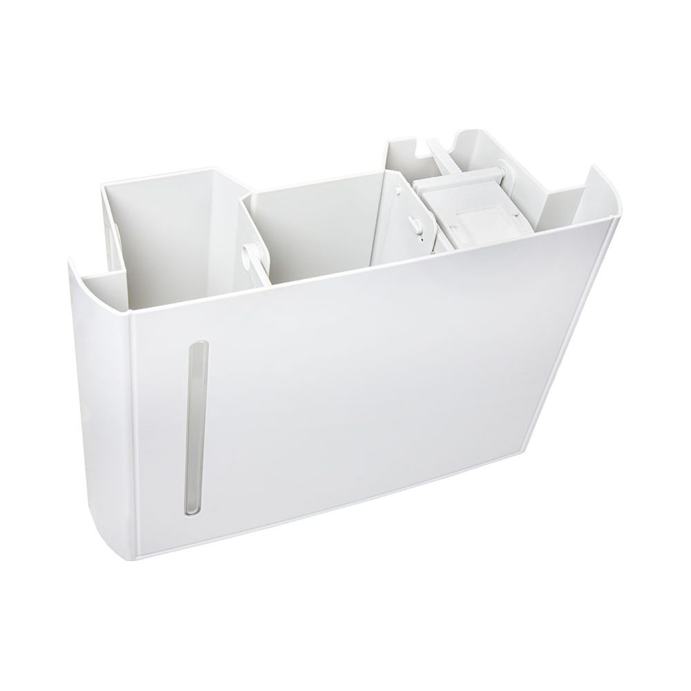 Un serbatoio dell'acqua in plastica bianca con scomparti interni e un indicatore di livello trasparente.