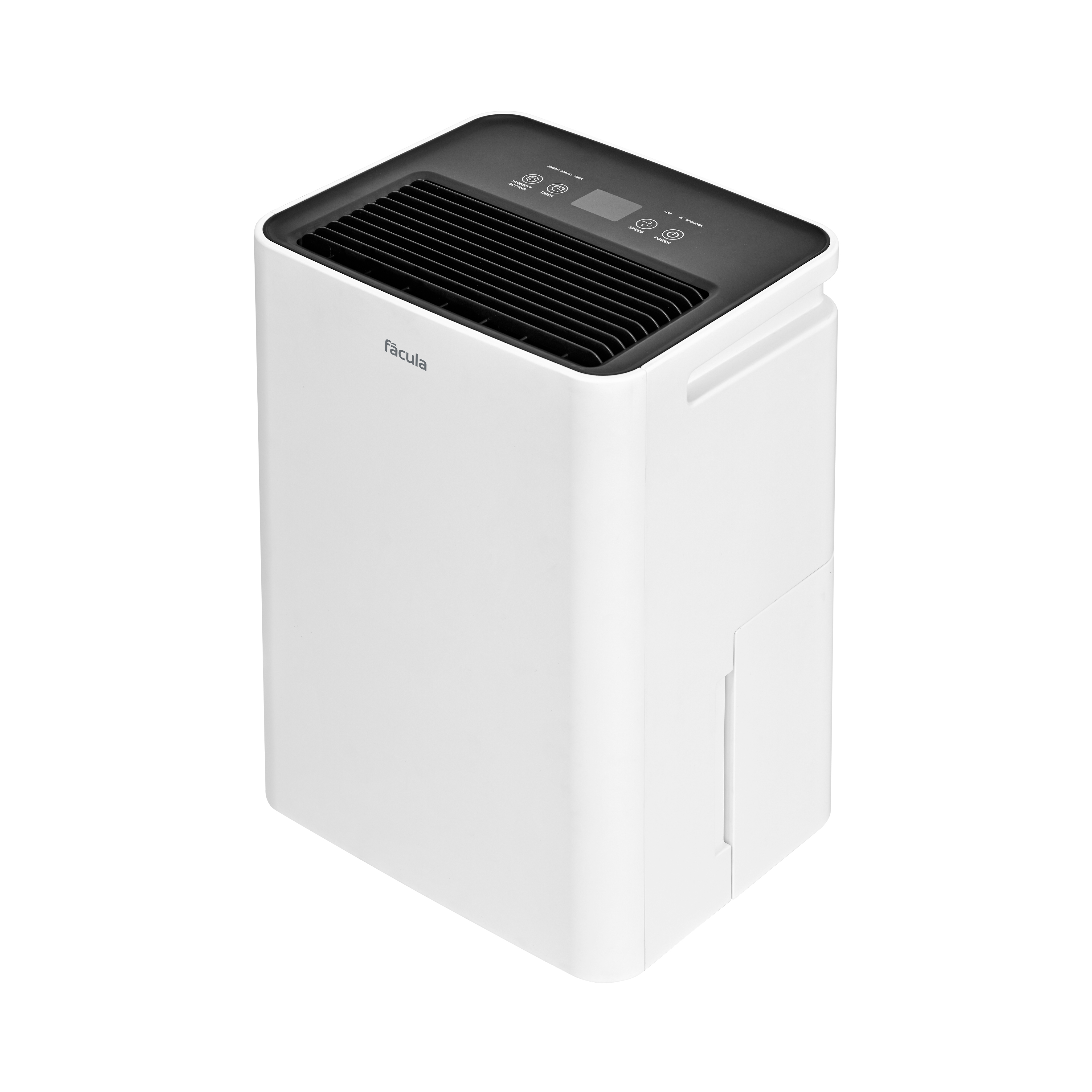 Un deshumidificador blanco con parte superior negra y rejillas de ventilación.
