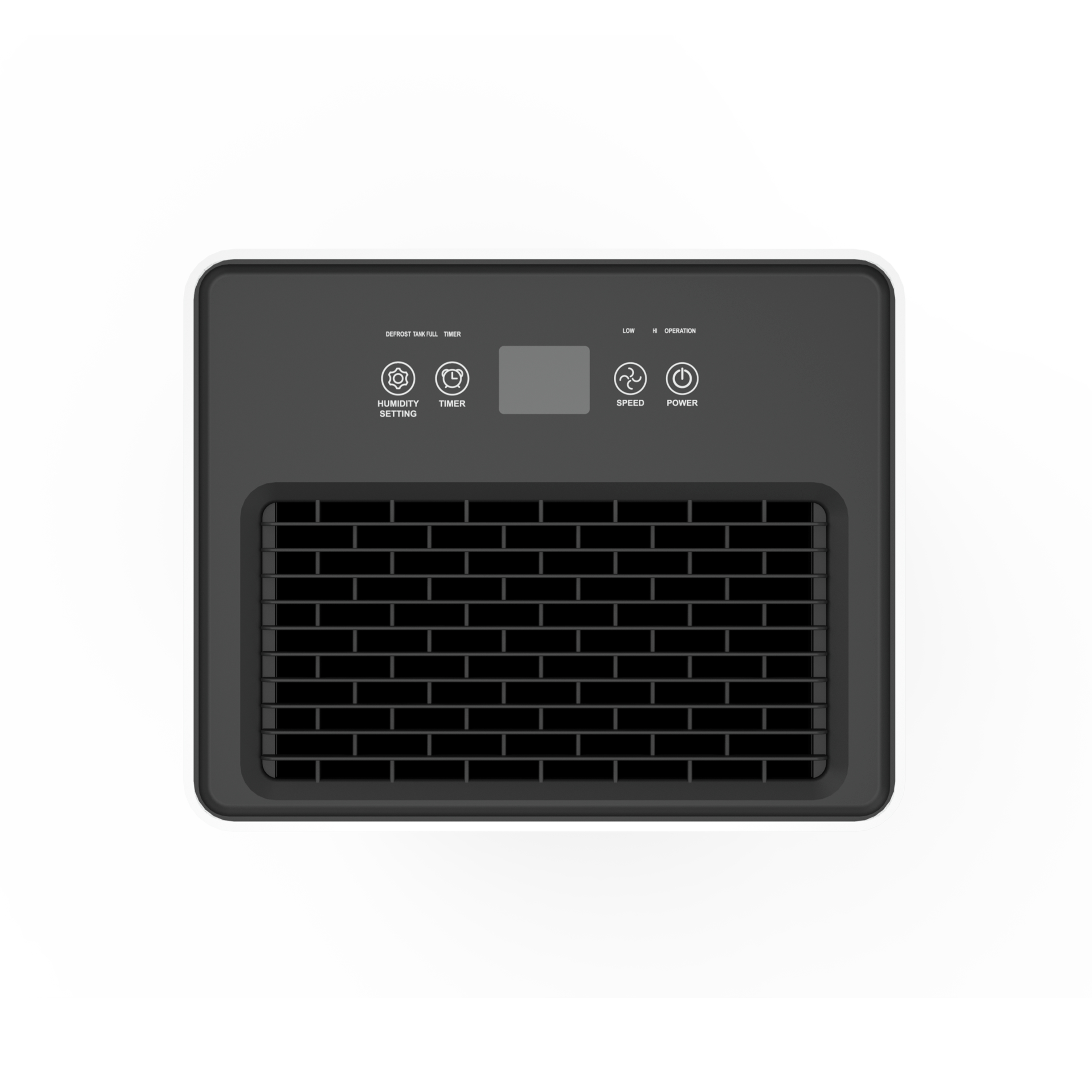 Deshumidificador negro con panel de control y rejilla de ventilación. Fondo blanco.