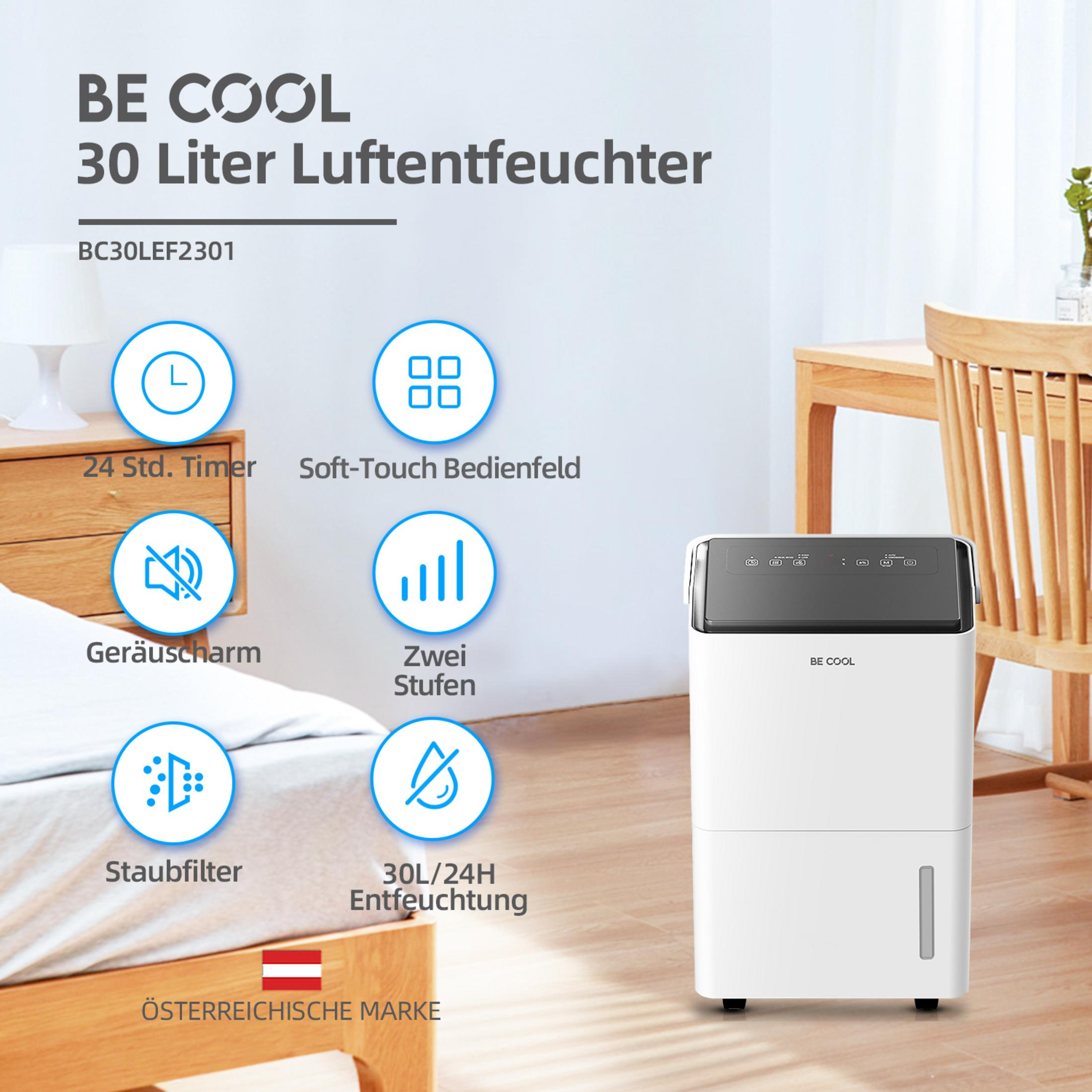 Un deumidificatore BE COOL bianco con pannello di controllo e icone accanto a un letto.