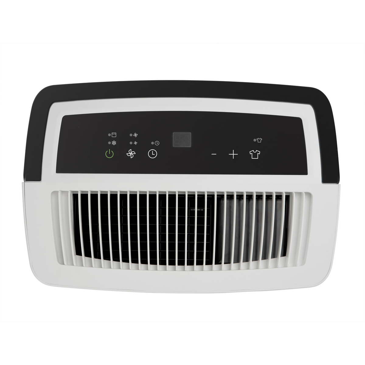 Un deshumidificador blanco con panel de control negro y rejillas de ventilación.