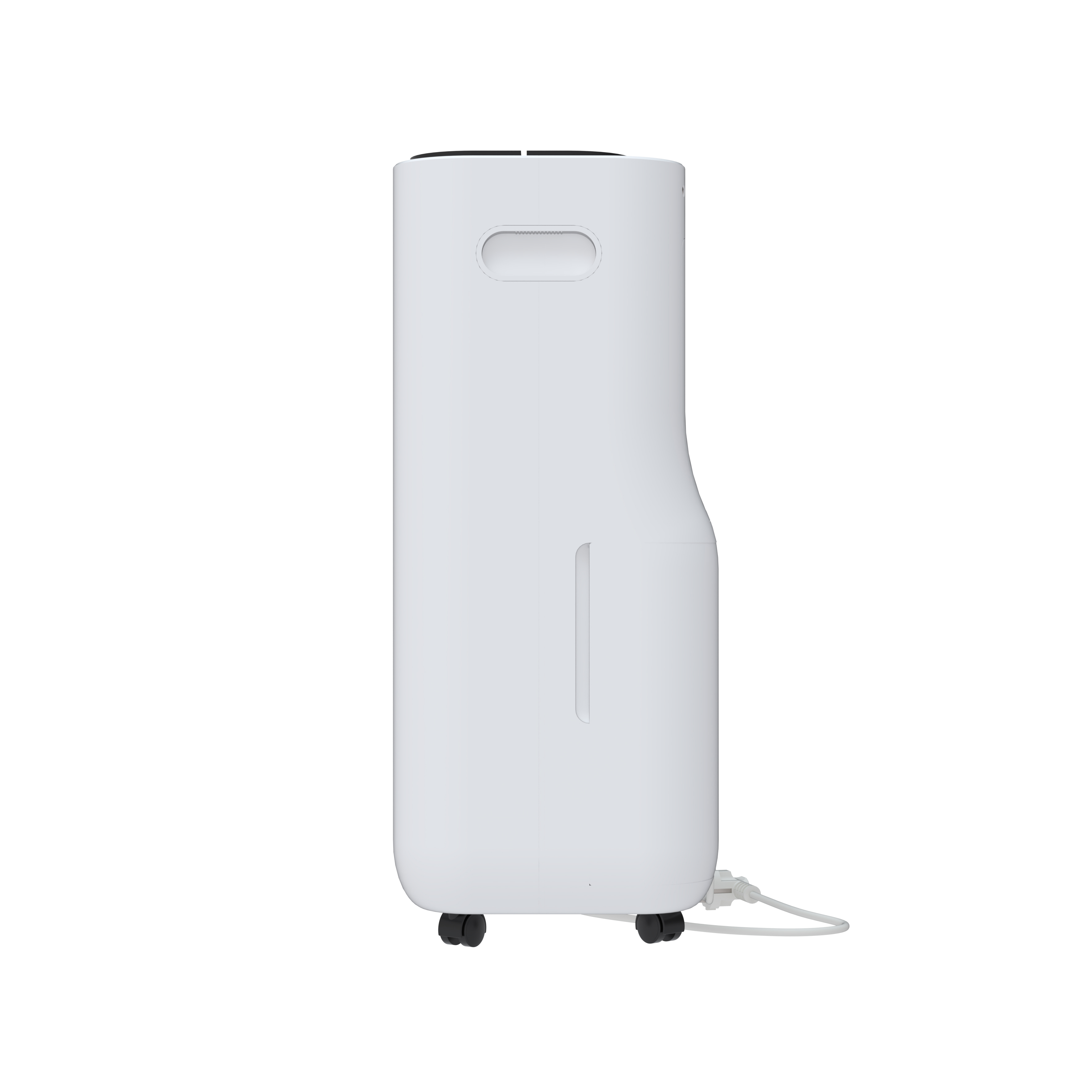 Un purificador de aire blanco con ruedas y asa.