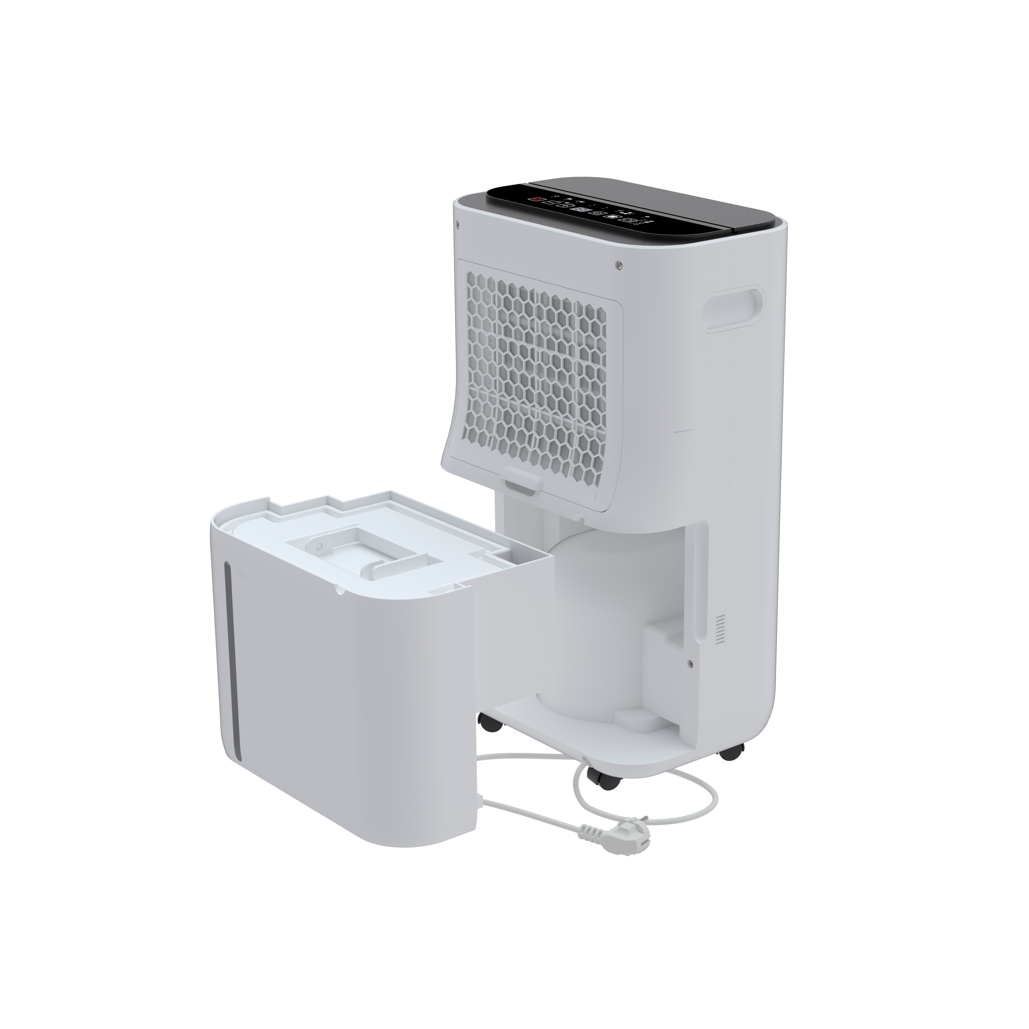 Un deshumidificador blanco con depósito extraíble y panel de control.