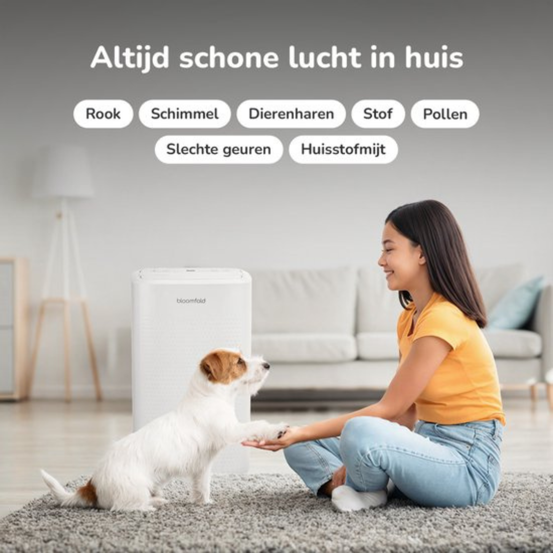 Een hond geeft een poot aan een jonge vrouw voor een luchtreiniger in de woonkamer.