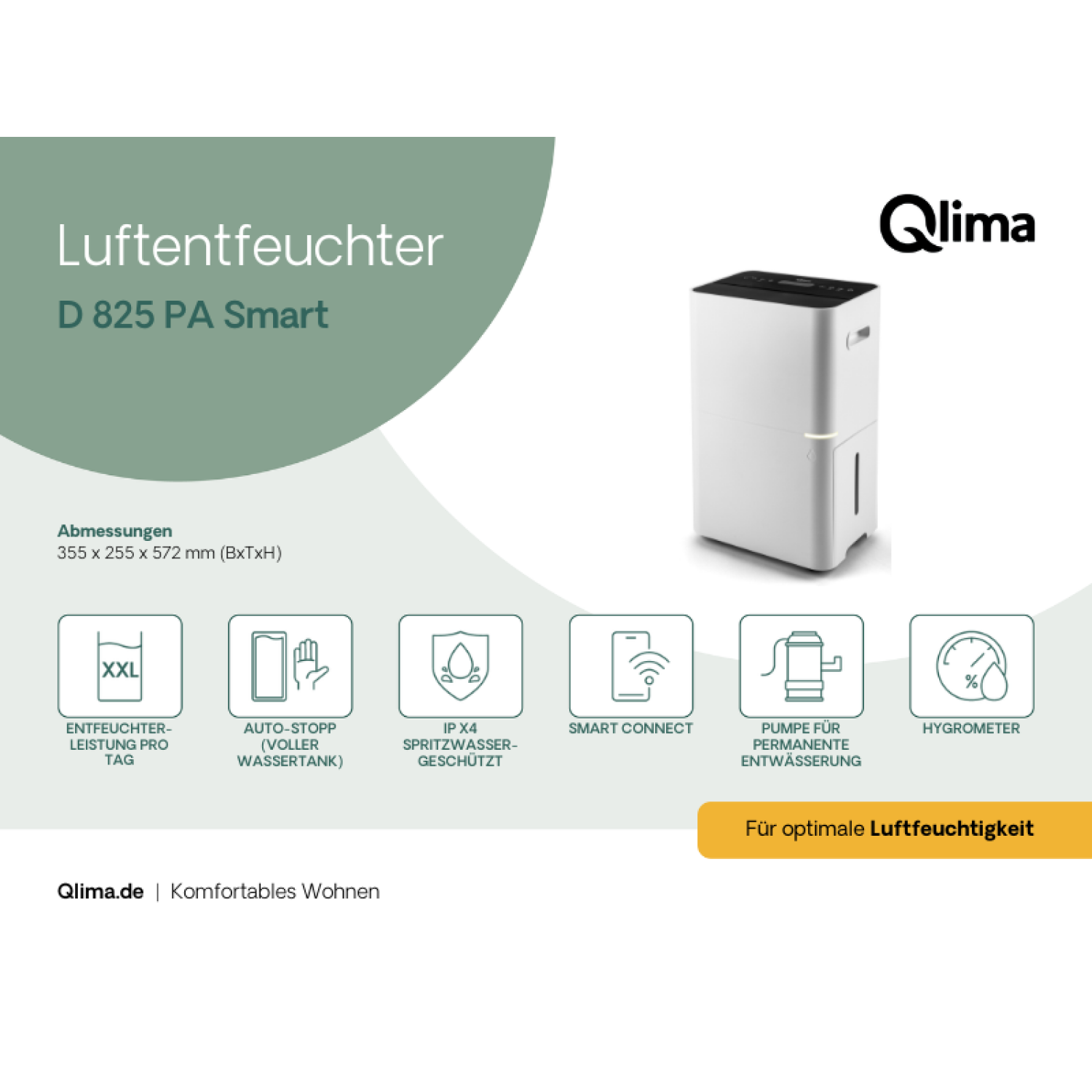 Un deumidificatore bianco Qlima con pannello di controllo e serbatoio dell'acqua. Caratteristiche: Prestazioni XXL, arresto automatico, IP X4, Smart Connect, pompa, igrometro.