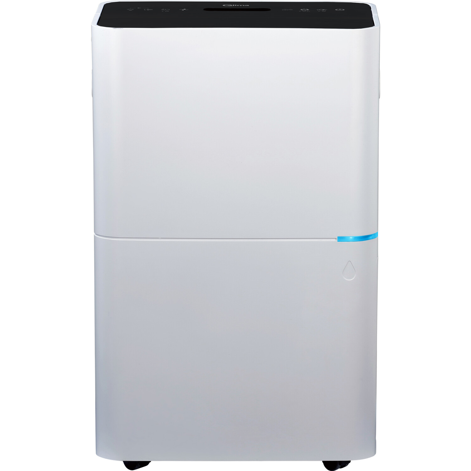 Un deumidificatore bianco con parte superiore nera e illuminazione d'accento blu.