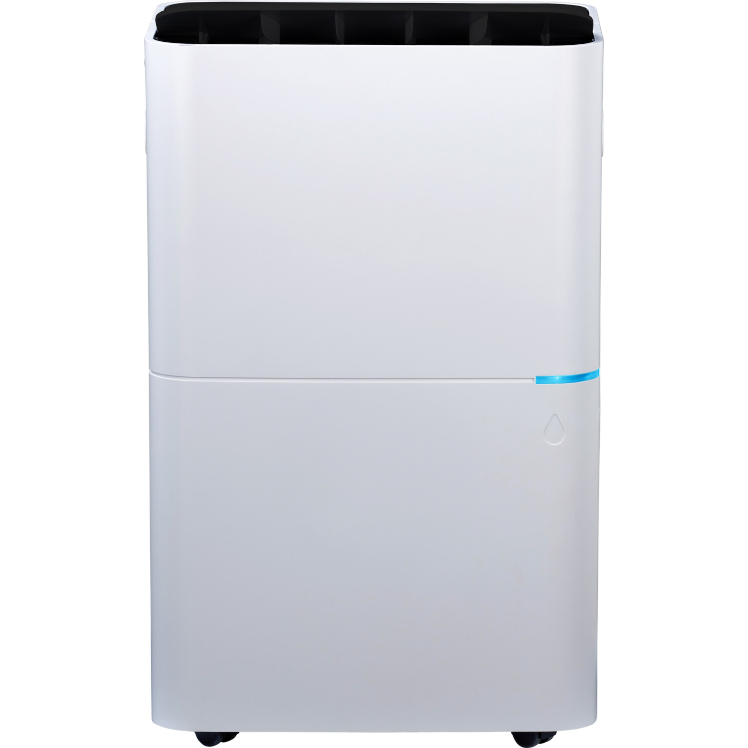 Un deumidificatore bianco con griglia di ventilazione nera in alto e luci blu.