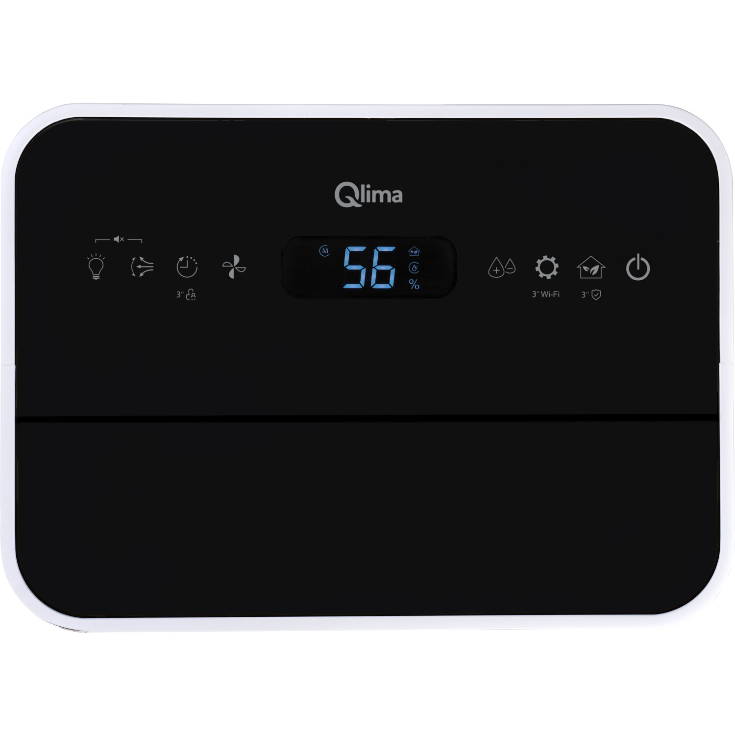 Deumidificatore nero con display digitale (56%) e icone.