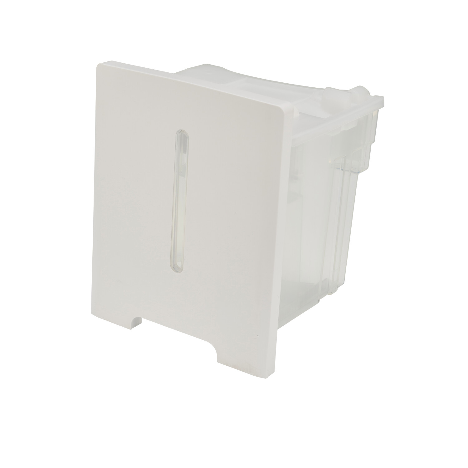 Un contenitore bianco con scomparto trasparente e fessura verticale.