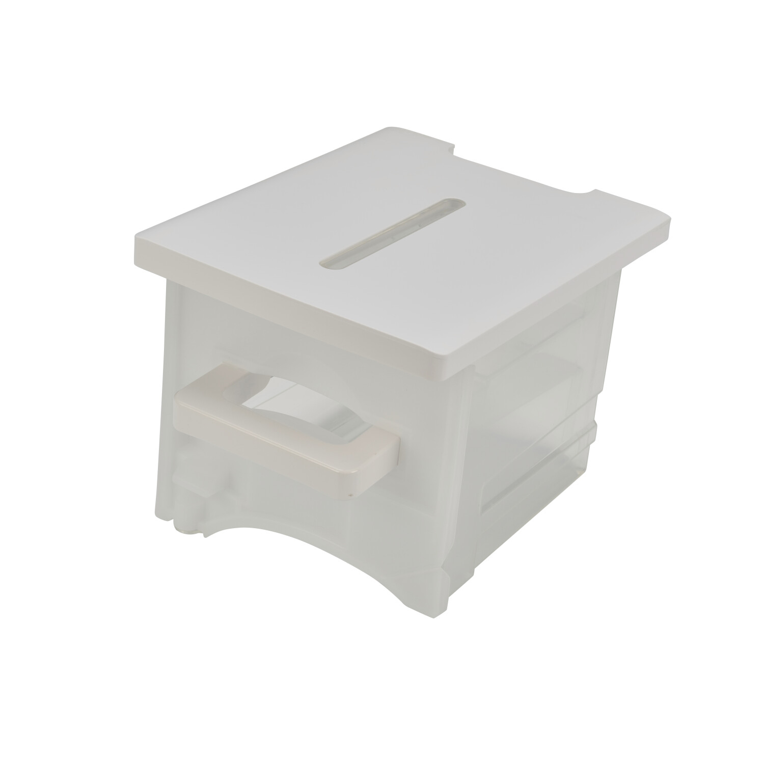 Un contenitore bianco con una fessura in alto e una maniglia laterale.