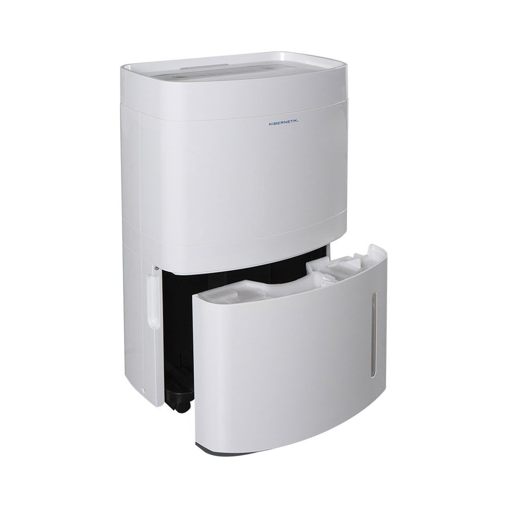 Un deumidificatore bianco con il cassetto estratto. Isolato su bianco.