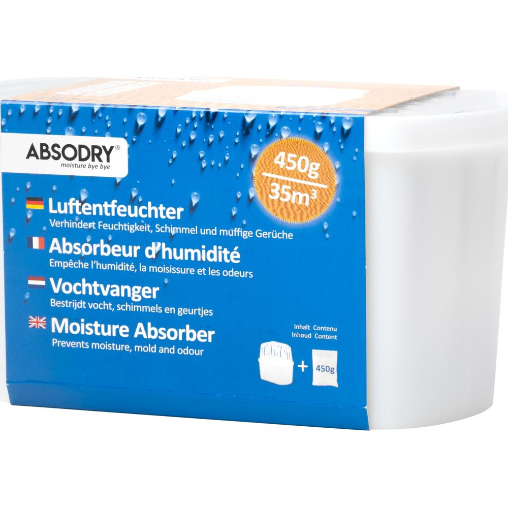 Absodry 450g assorbi-umidità per 35m³. Previene umidità, muffa e odori.