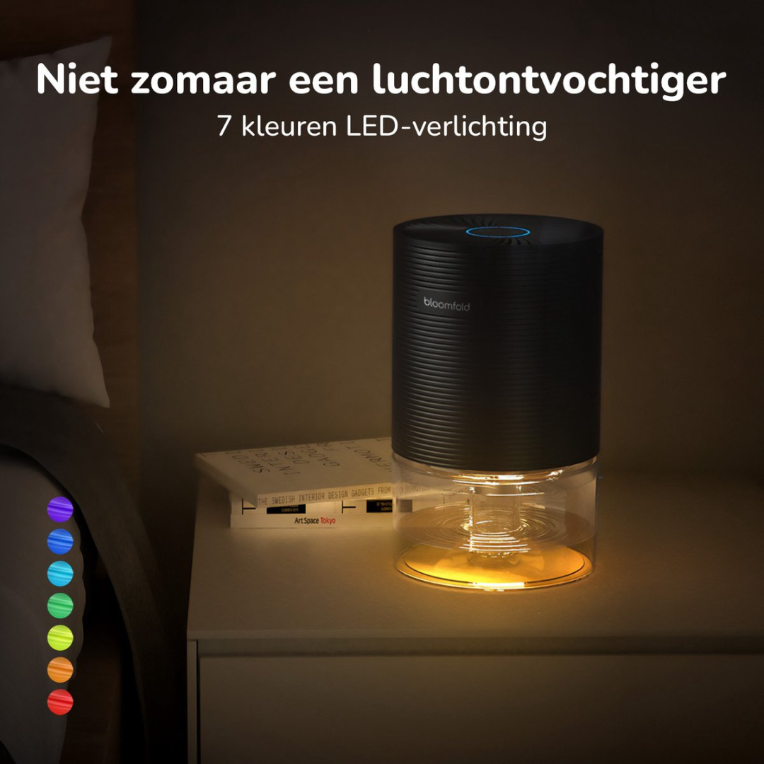 Un deumidificatore nero con acqua gialla e illuminazione LED a 7 colori vicino a un letto.