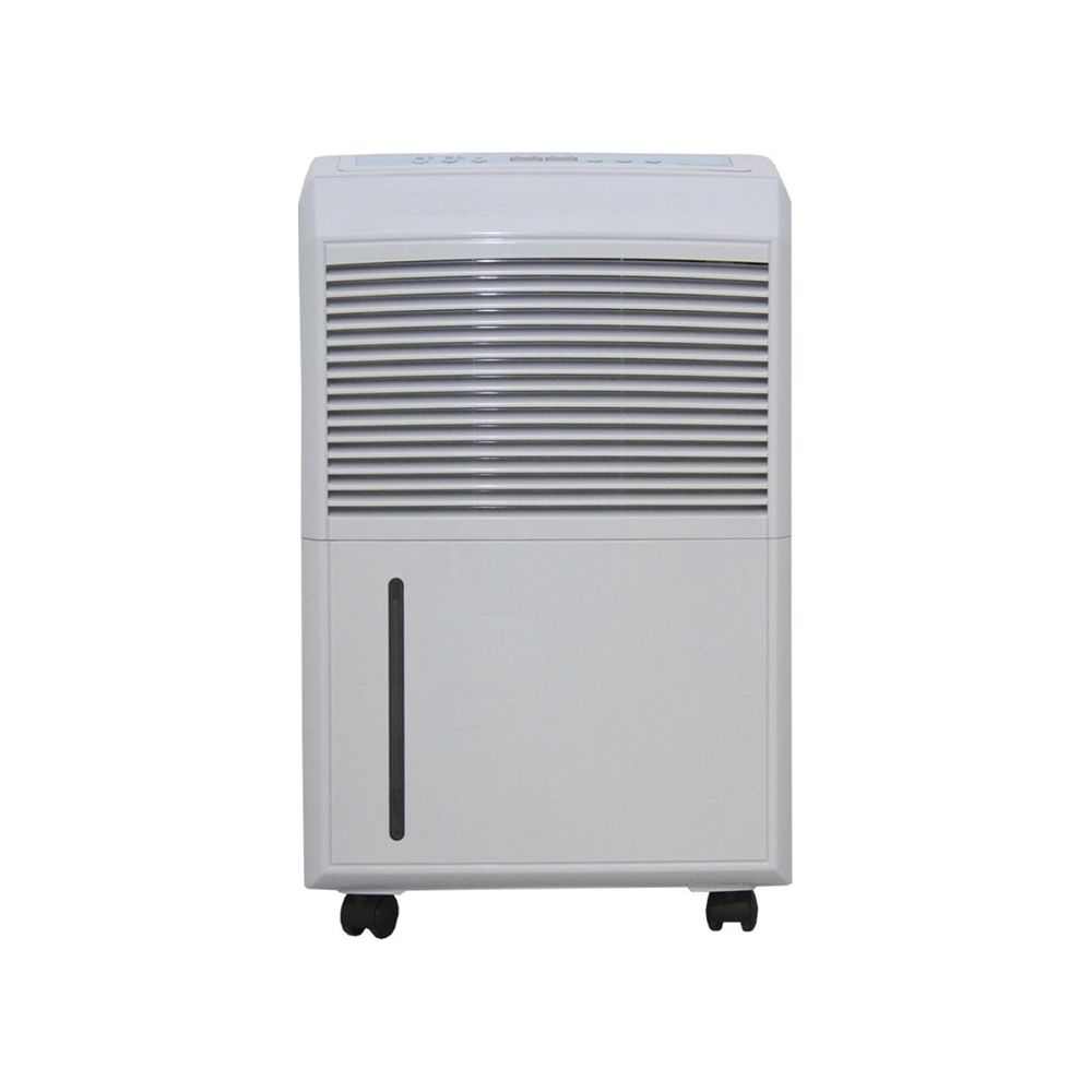 Un deumidificatore bianco con ruote e un indicatore trasparente del livello dell'acqua.