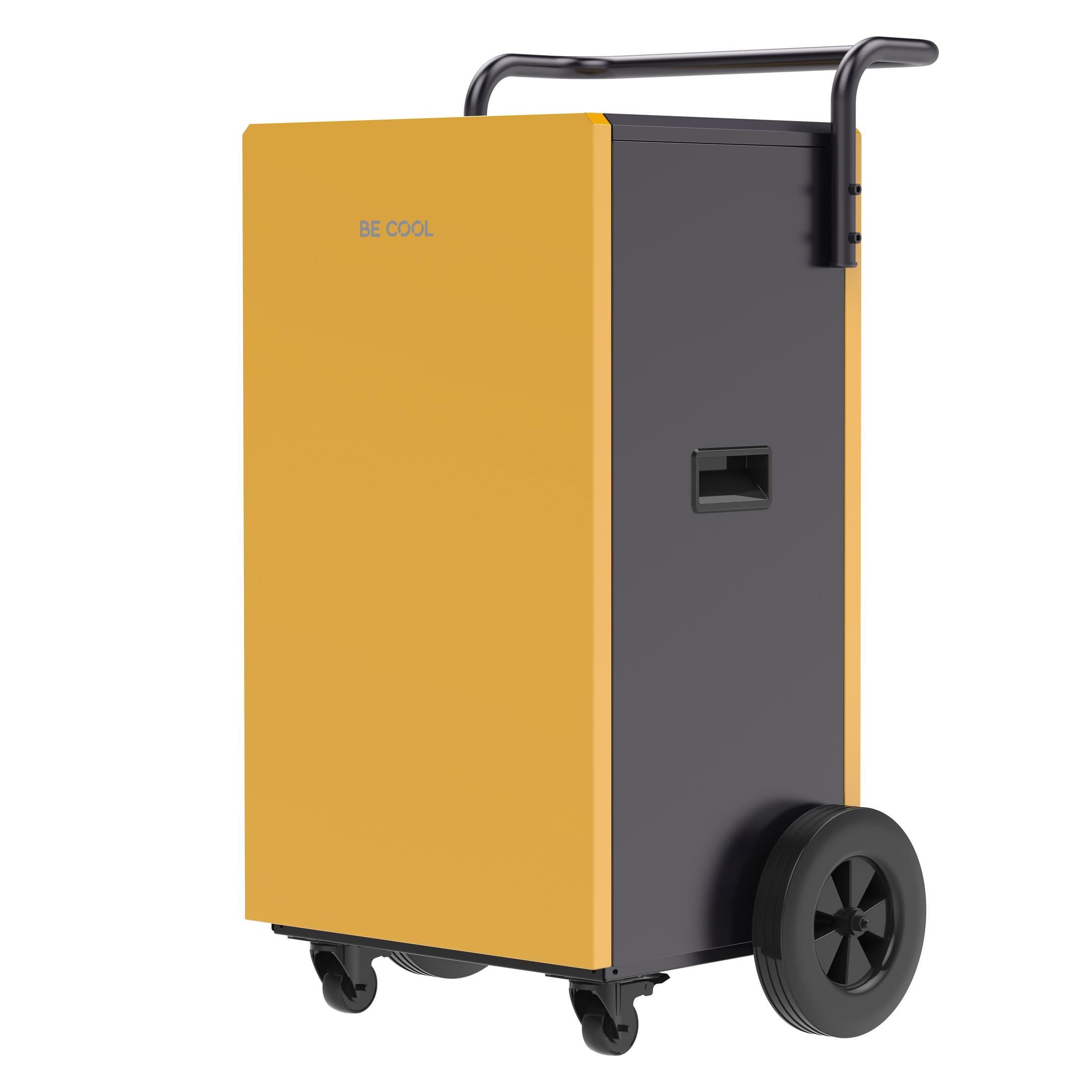 Un deumidificatore mobile giallo e grigio con ruote e maniglia.