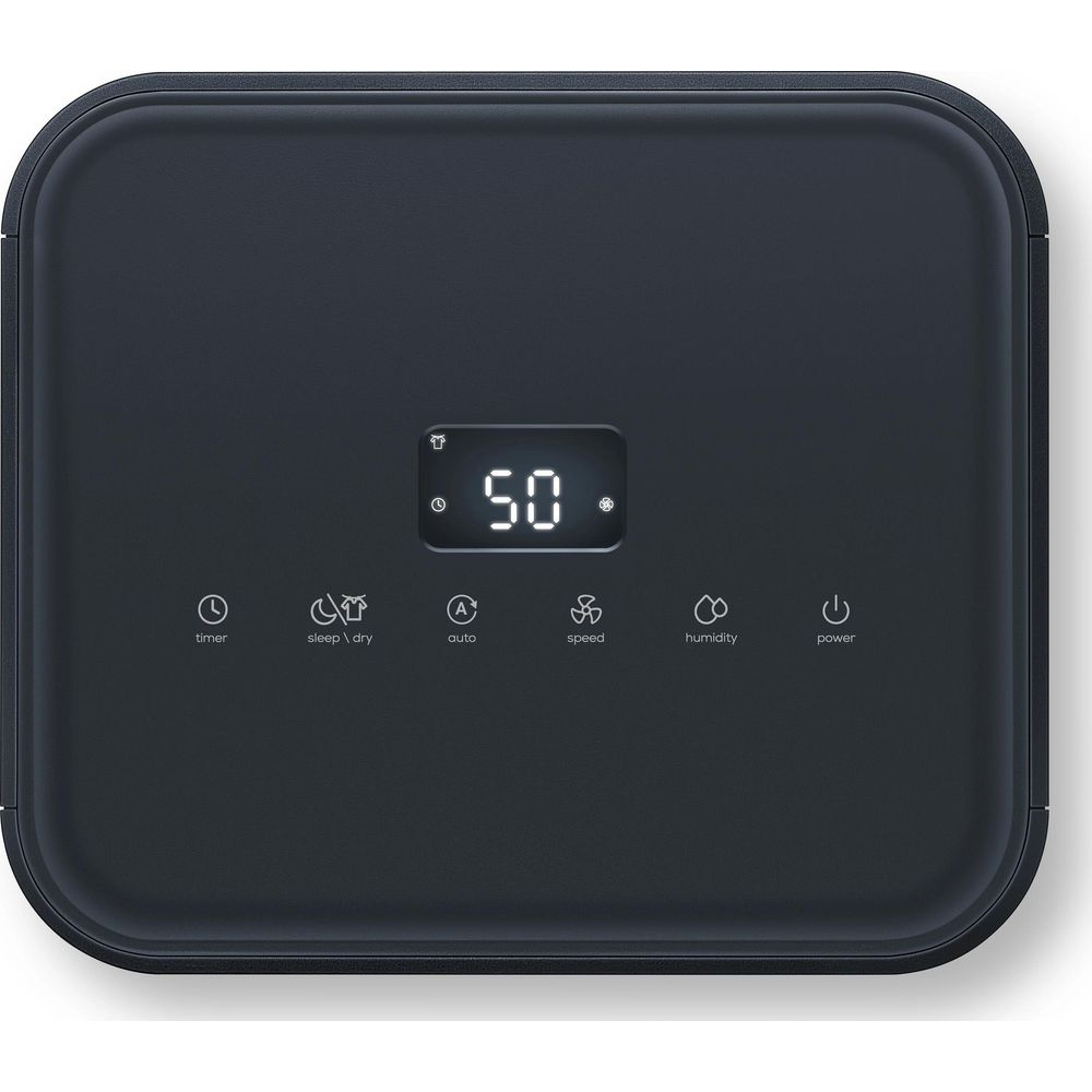 Pannello di controllo deumidificatore grigio scuro con display digitale e icone per timer, sleep, auto, velocità, umidità e accensione.