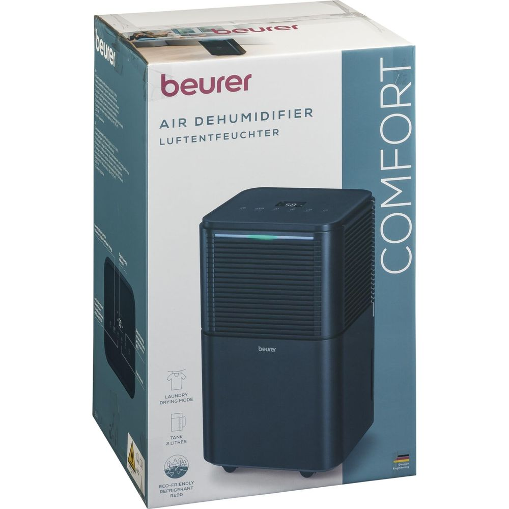 Deumidificatore Beurer con serbatoio da 2L, modalità asciugatura bucato e refrigerante R290.
