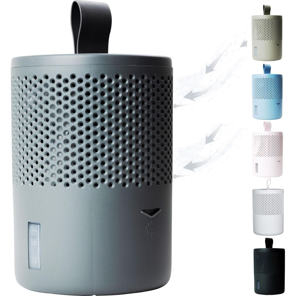 Umidificatore portatile grigio con manico nero. Altri colori mostrati.